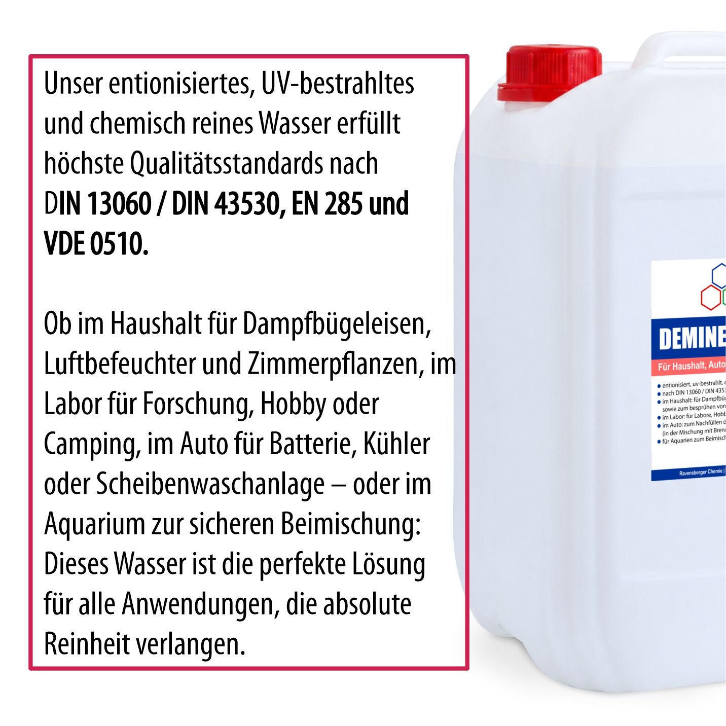 Ravensberger Chemie Bügelwasser VE-Wasser Demineralisiertes Wasser - 10 L, 10 Liter Kanister von Ravensberger Chemie -, kalkfrei für Auto, Batterie, Haushalt, Dampfbügeleisen und Labor