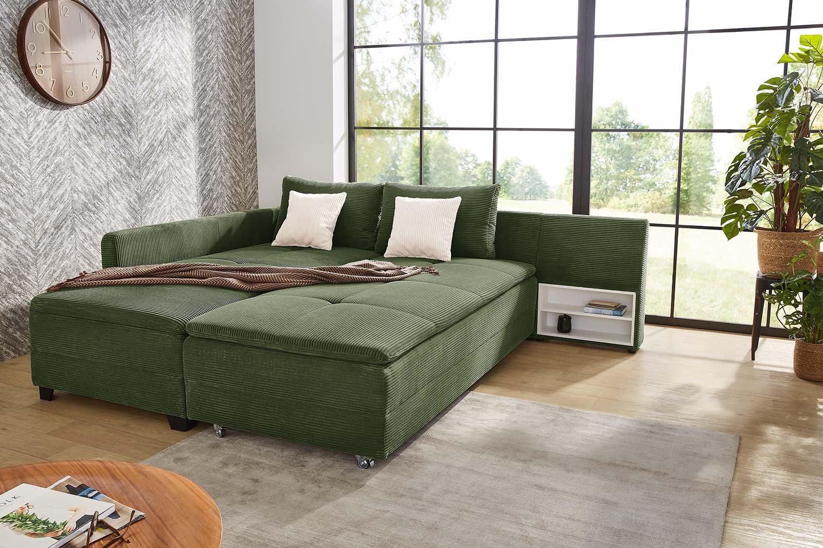 Jockenhöfer Gruppe Ecksofa Madrid L-Form, B: 306 cm, Liegefl. 180x200 cm, Dauerschläfer, mit Bettfuntkion, Bettkasten, Topper & Regal, Boxspringbettaufbau