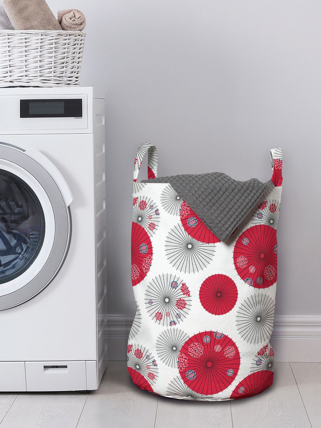 Wäschekorb Rund für Wäschesäckchen Kunst Kordelzugverschluss Waschsalons, Abakuhaus Japanische Griffen Regenschirm Kunst mit