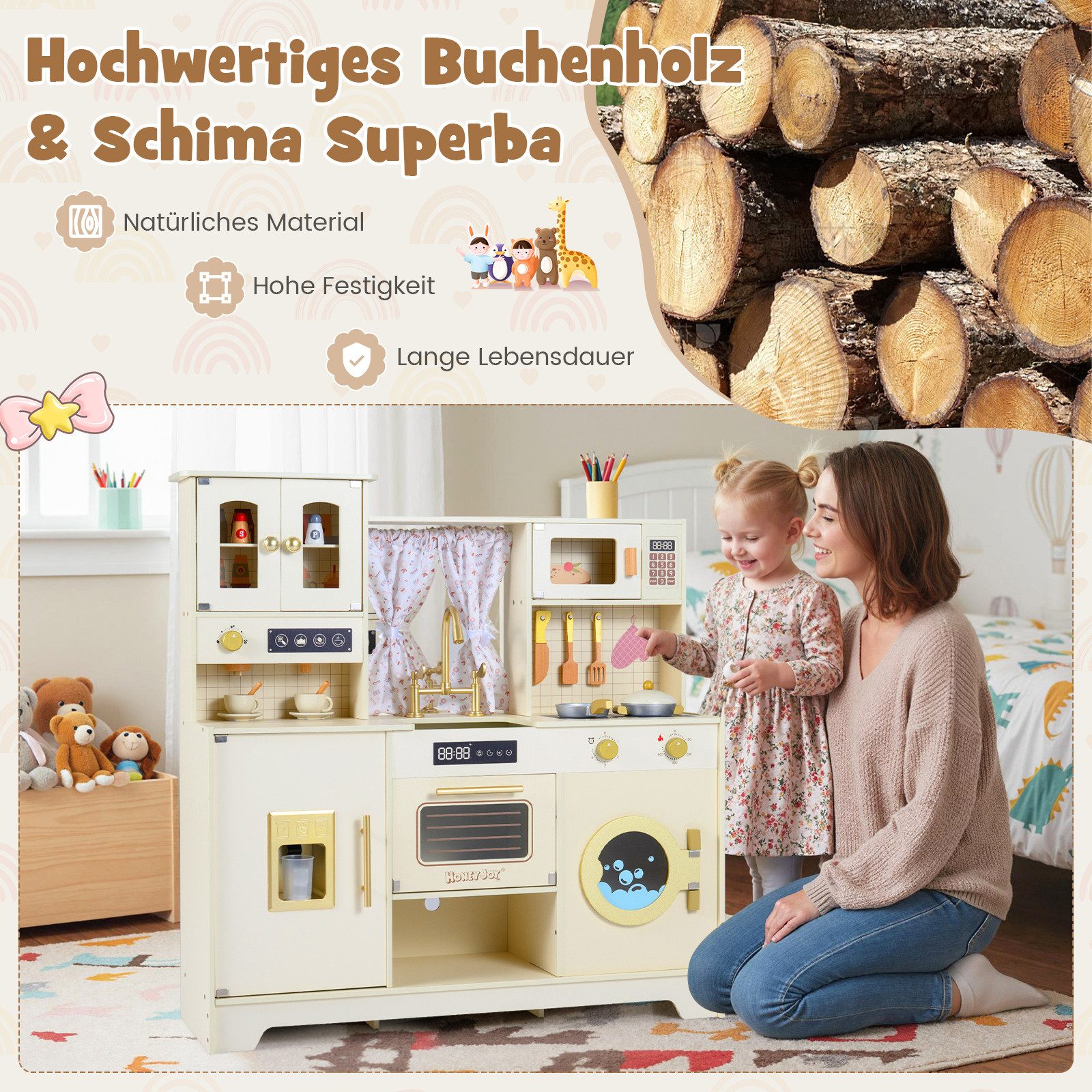 COSTWAY Spielküche Buchenholz, Schima superba, MDF, Mit Ofen, Mikrowelle, Geschirrspüler & 14 Zubehörteilen