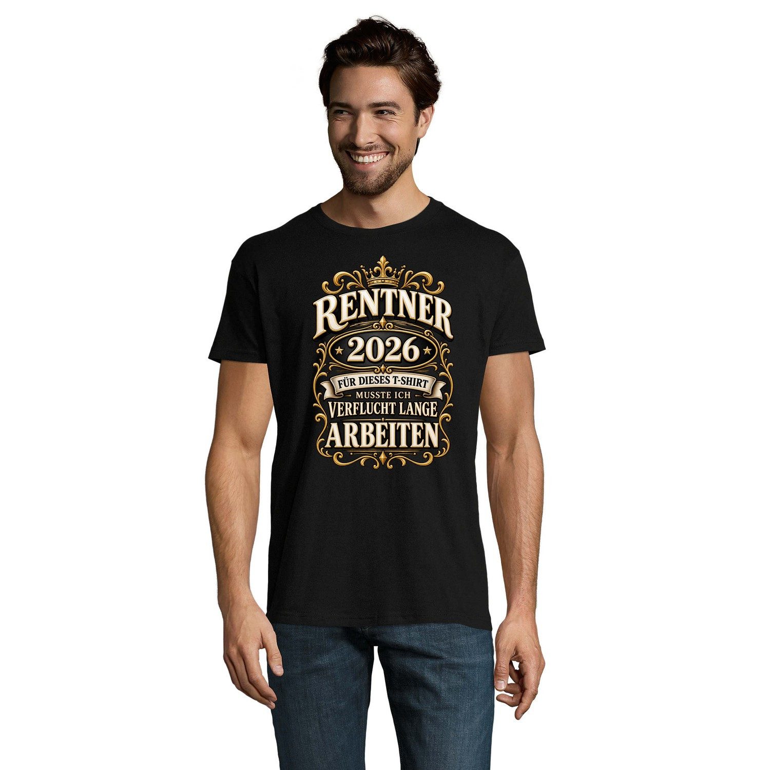 Blondie & Brownie T-Shirt Rentner 2026 Herren T Shirt mit Krone und lustigem Ruhestandsspruch (Einzelartikel) Goldene Krone im Ruhestandsstil