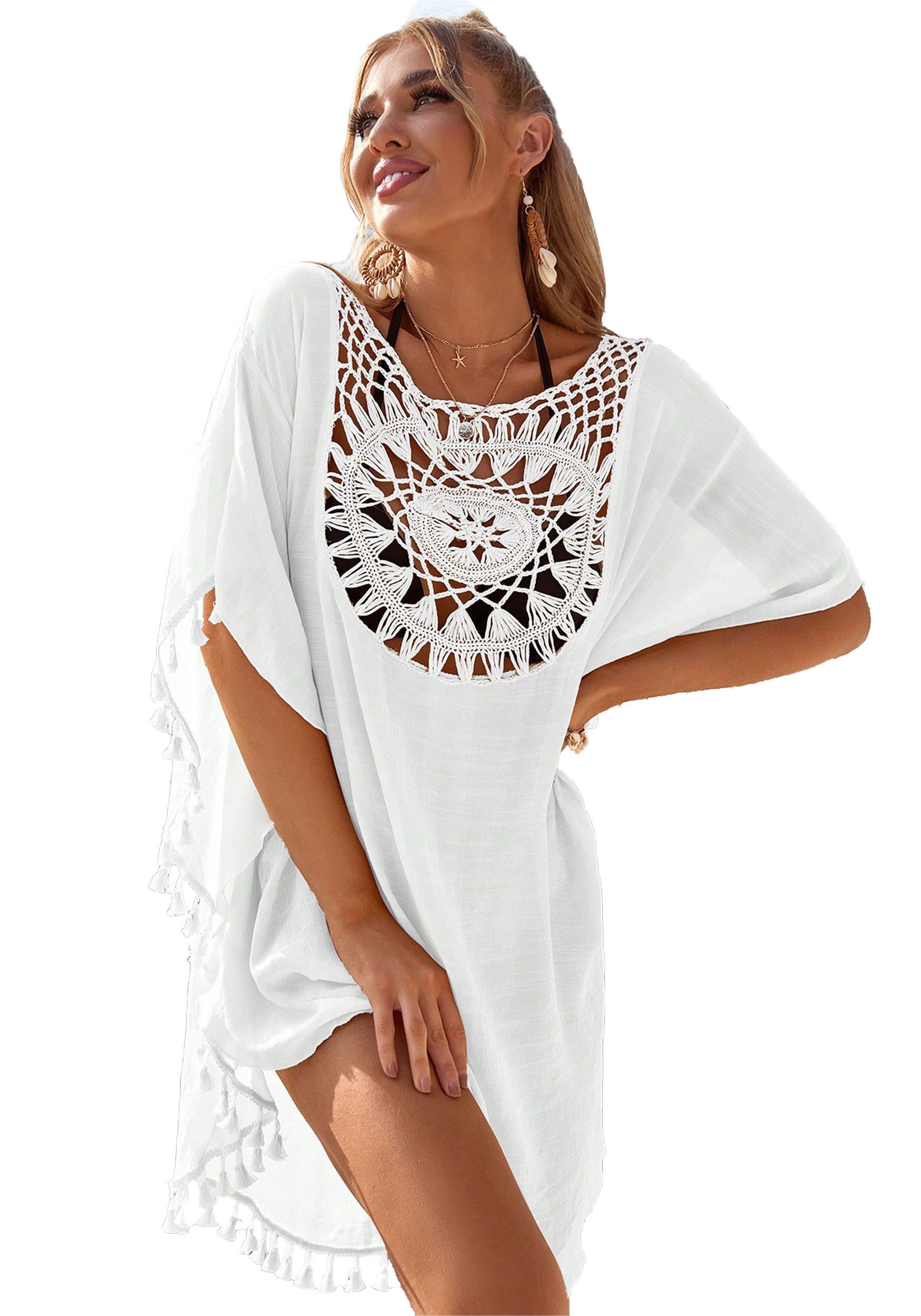 Mutig Strandkleid Damen Strandkleid, Bikini Cover Up,Boho-Stil Strandurlaub Badeanzug (aushöhlen, elegante handgefertigte Häkelarbeit mit Fransen, Sommer Strandponcho, Leichter Bikini Überwurf für Strand & Urlaub) Beste Übereinstimmung für Bikini, Shorts, Badeanzug usw