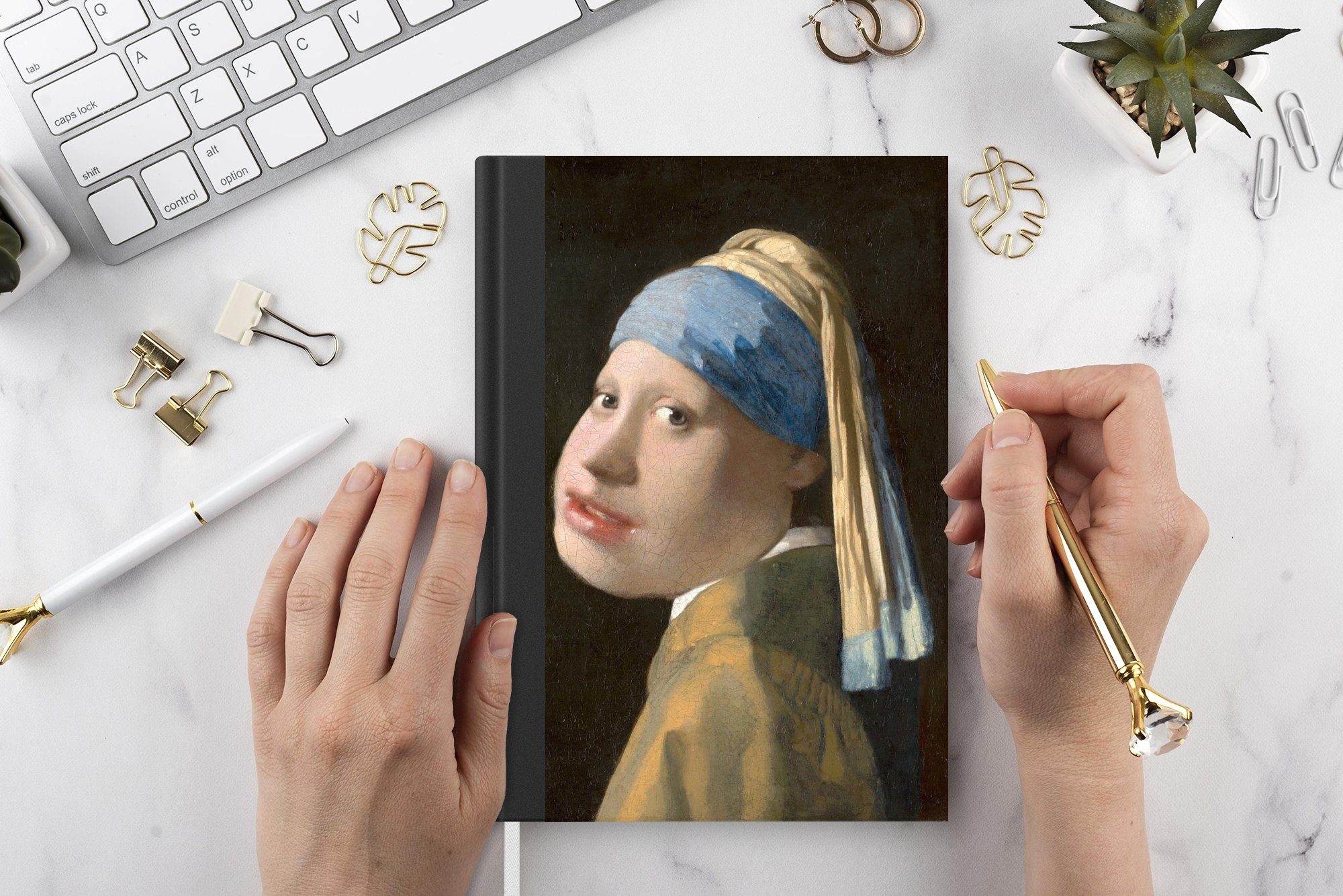 MuchoWow Notizbuch Das Mädchen mit dem Perlenohrring - Johannes Vermeer - Karikatur, Notebook, Notizblock a5, Tagebuch, Journal Liniert