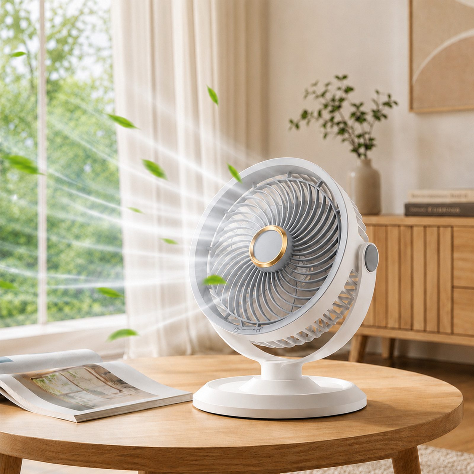 MOPUEA Standventilator 360° Drehbarer Luftzirkulationsventilator USB Tischventilator, Ventilator für Camping, Reisen, Zuhause