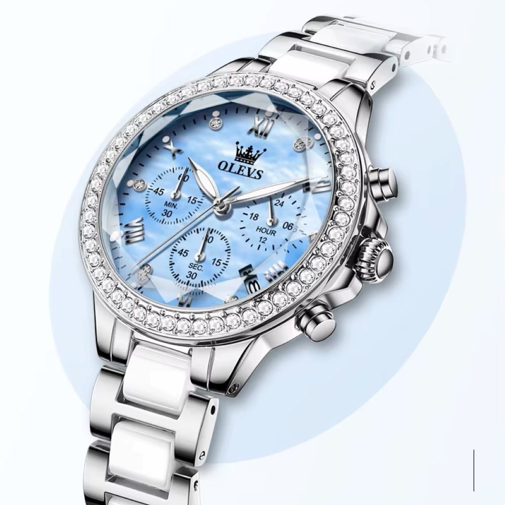 Tidy Quarzuhr Damen Chrono Uhr Keramik Steinbesatz Blaues Zifferblatt günstig online kaufen