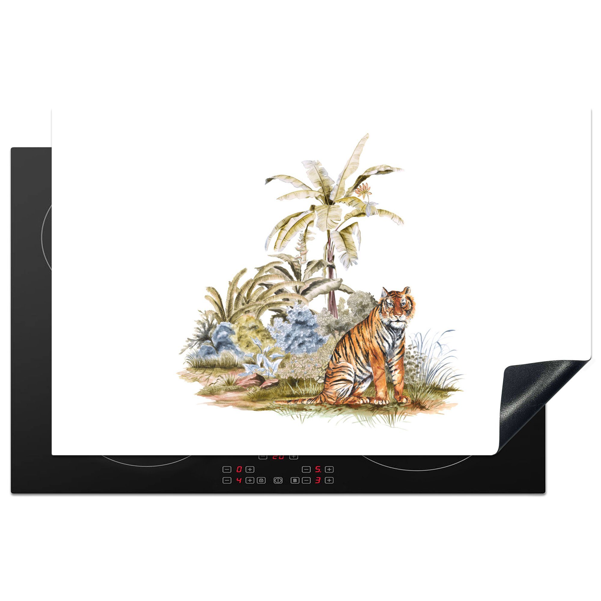 MuchoWow Herdblende-/Abdeckplatte Tiger - Wald - Gemälde, Vinyl, (1 tlg), 81x52 cm, Induktionskochfeld Schutz für die küche, Ceranfeldabdeckung