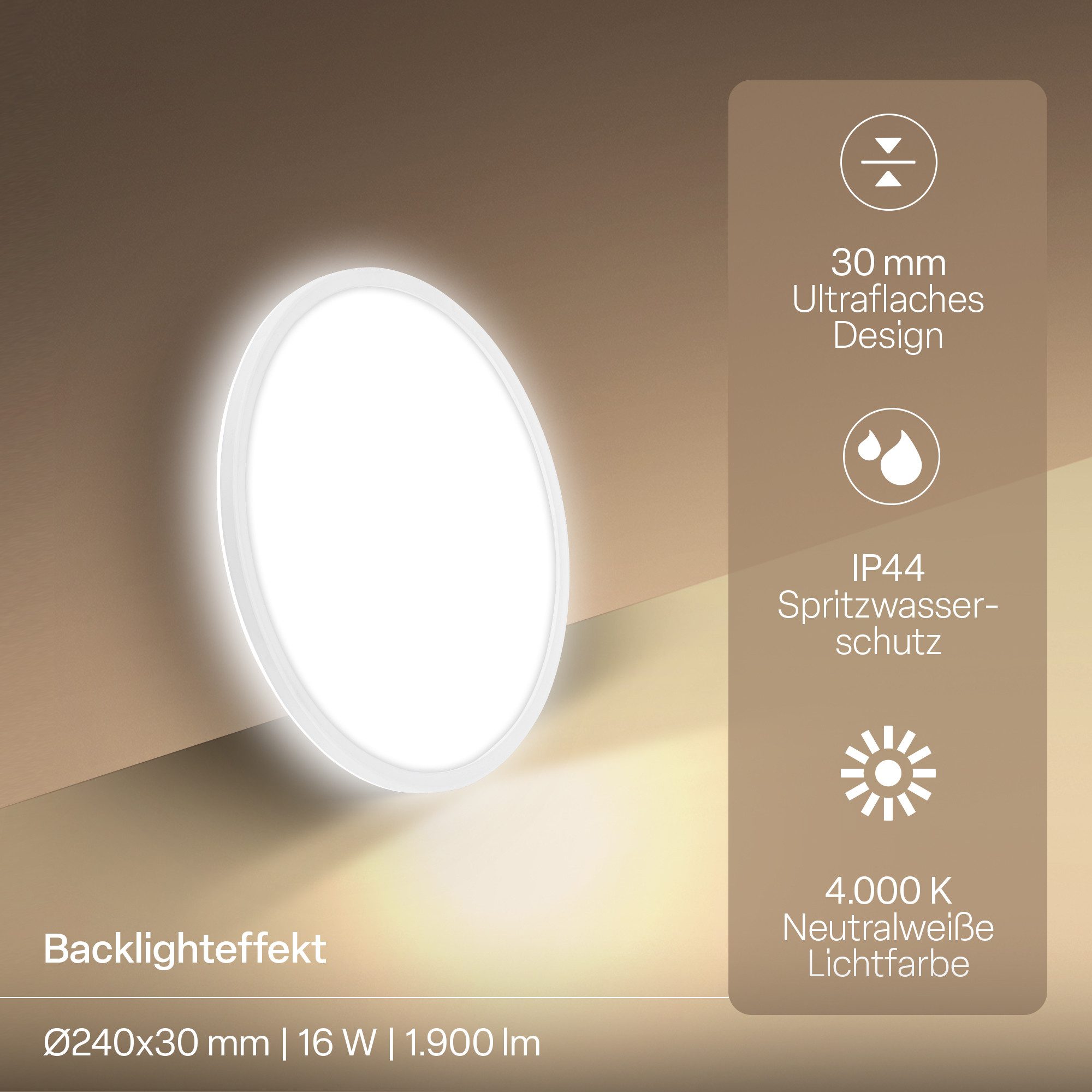 B.K.Licht LED Deckenleuchte Panel Flach 30mm Backlight Effekt LED Deckenlampe Wohnzimmer, LED fest integriert, 4000K - Neutralweiß, versch. Größen & Farben, Badezimmer, Küche, Wohnzimmer, Kinderzimmer