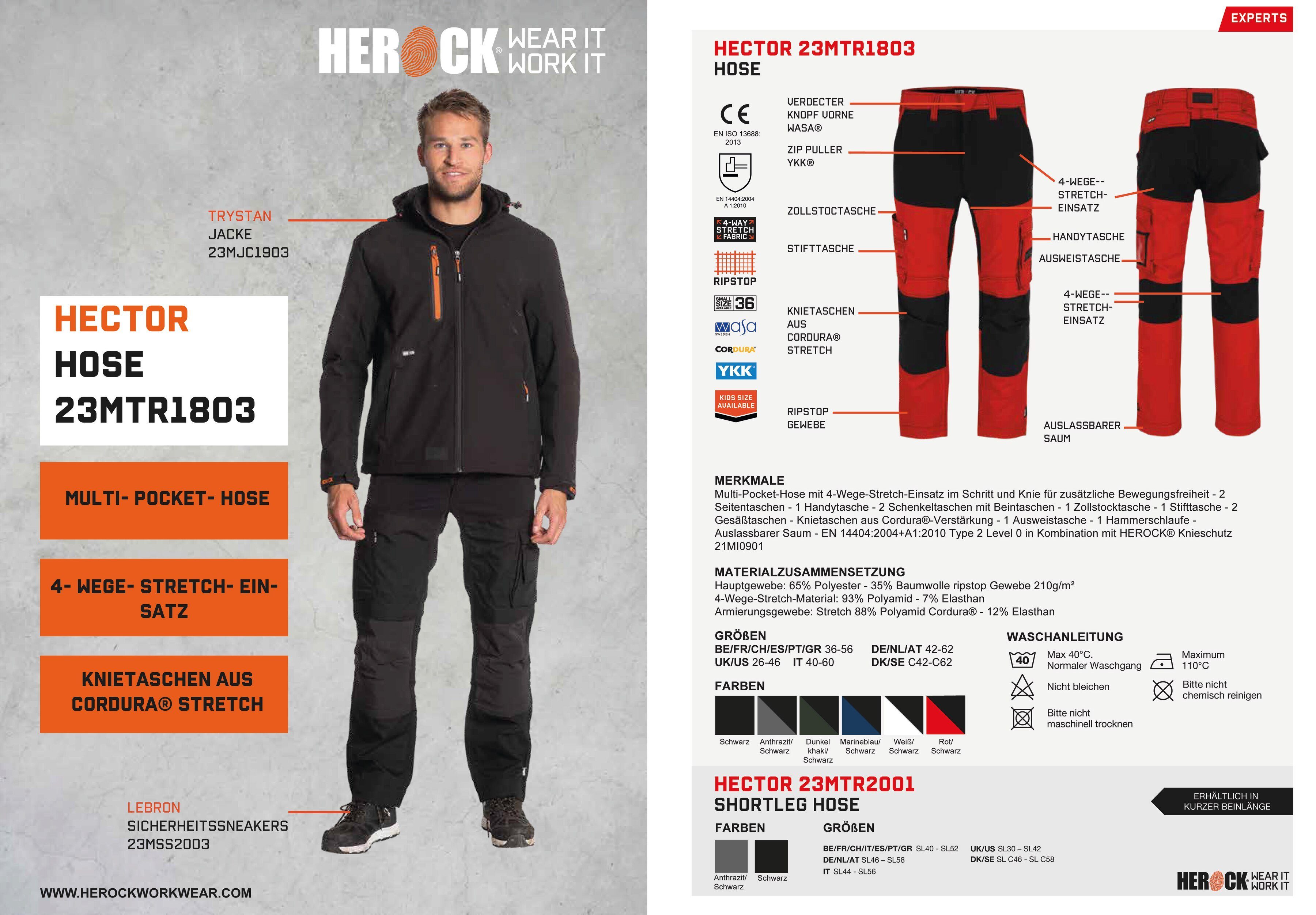 Arbeitshose rot/schwarz verstärkte Hoses Multi-Pocket, Herock Hector Knietaschen Knopf, 4-Wege-Stretch, verdeckter