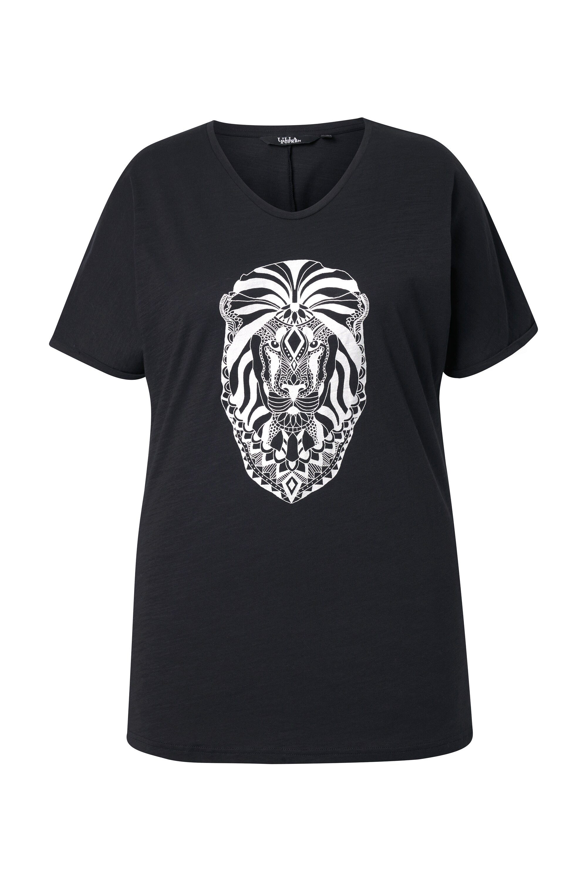 Ulla Popken T-Shirt T-Shirt Tiermotiv Oversized V-Ausschnitt Halbarm günstig online kaufen