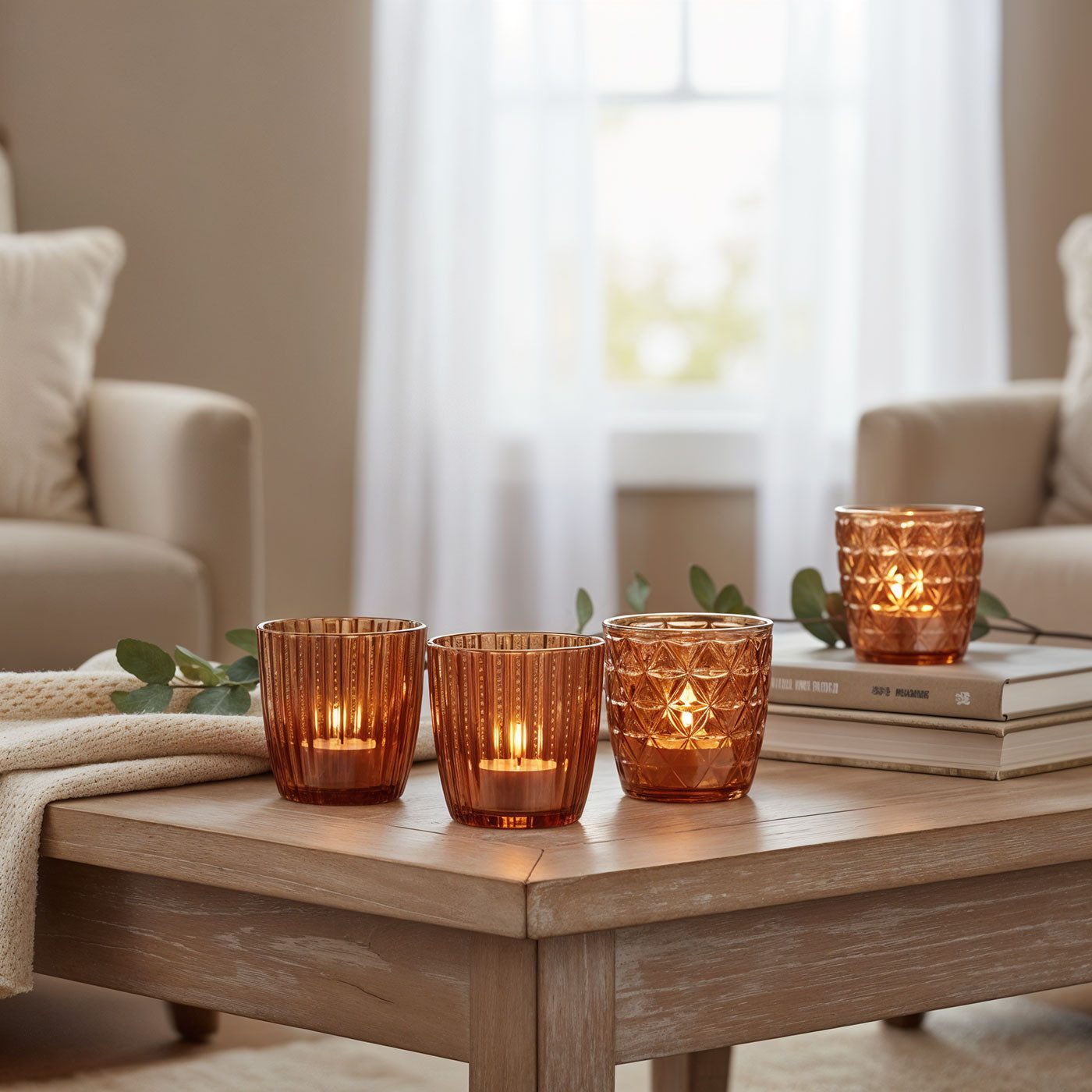 Levandeo® Teelichthalter, 4er Set Windlicht 7,5cm Glas Orange Braun Teelichthalter Tischdeko