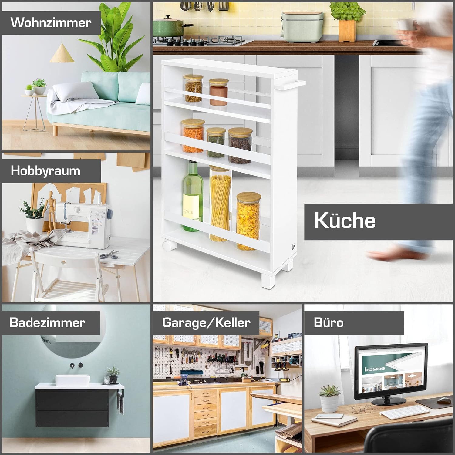 bomoe Küchenwagen Nischenregal 15cm breit Hylla, 79x50cm, Weiß, Küchenwagen Küchenregal Schmal – Rollwagen 3 Fächer & Arbeitsplatz – Bild 5 von 5