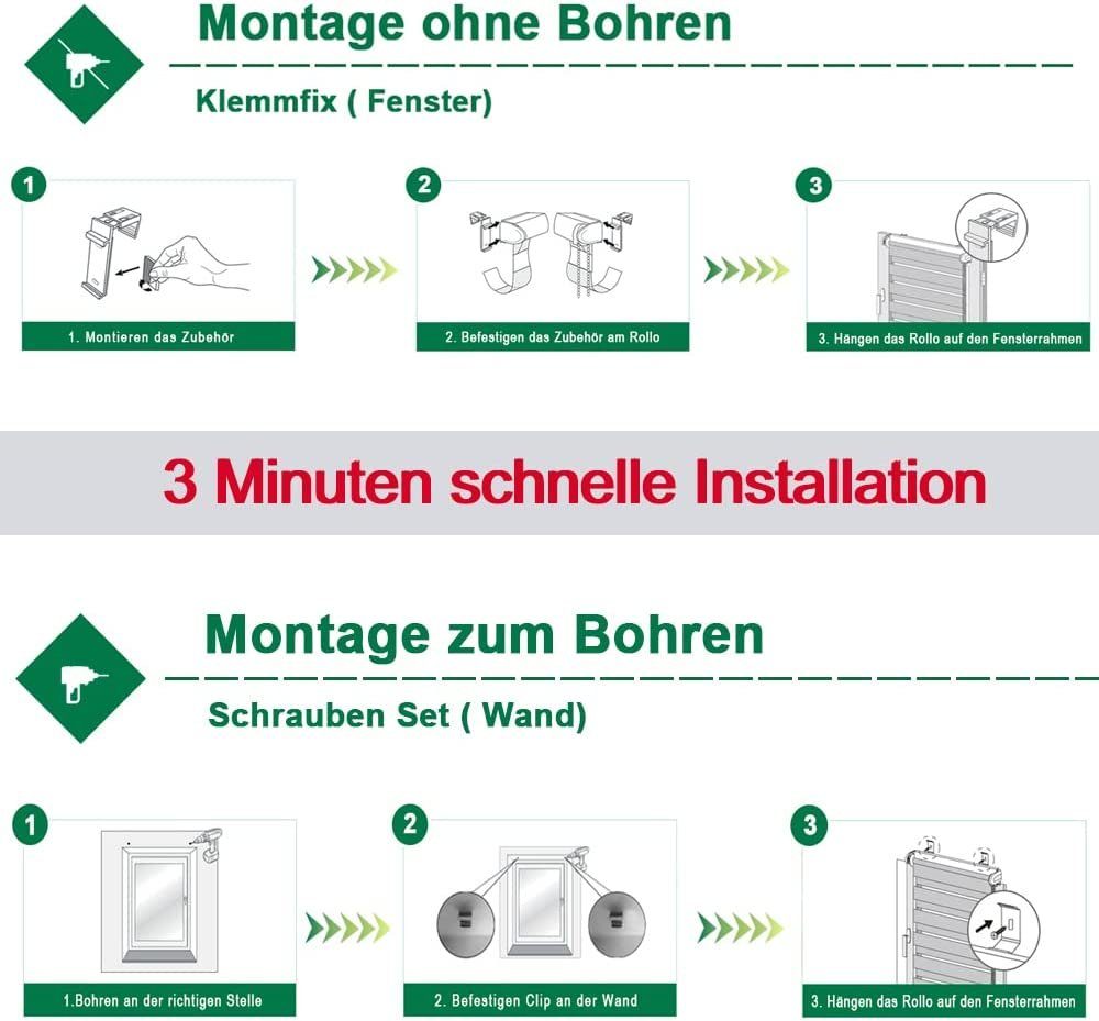 Doppelrollo Fensterrollo lichtdurchlässig, Weiß Rollo verdunkelnd, Klämmträger, OUBO, Ohne Bohren & Mit Bohren, freihängend, Klemmfix, Weiß