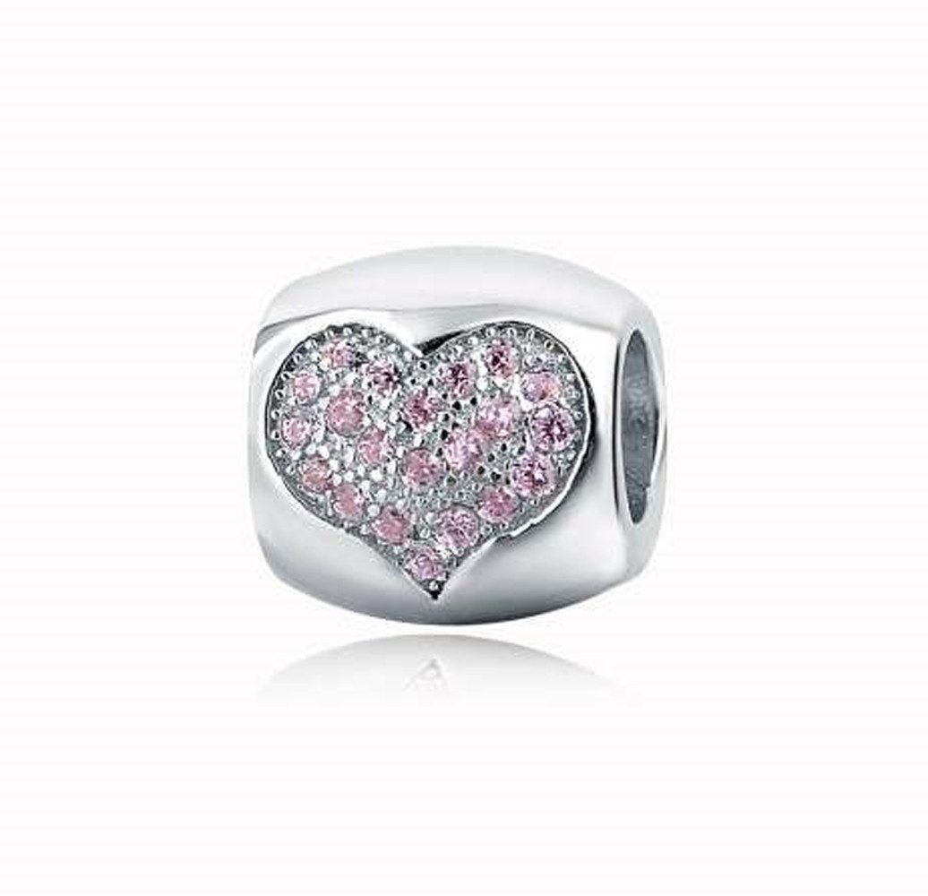 Bead Hellrosa Herz Charm für Charm Armband, 925er Sterling Silber, Zirkonia