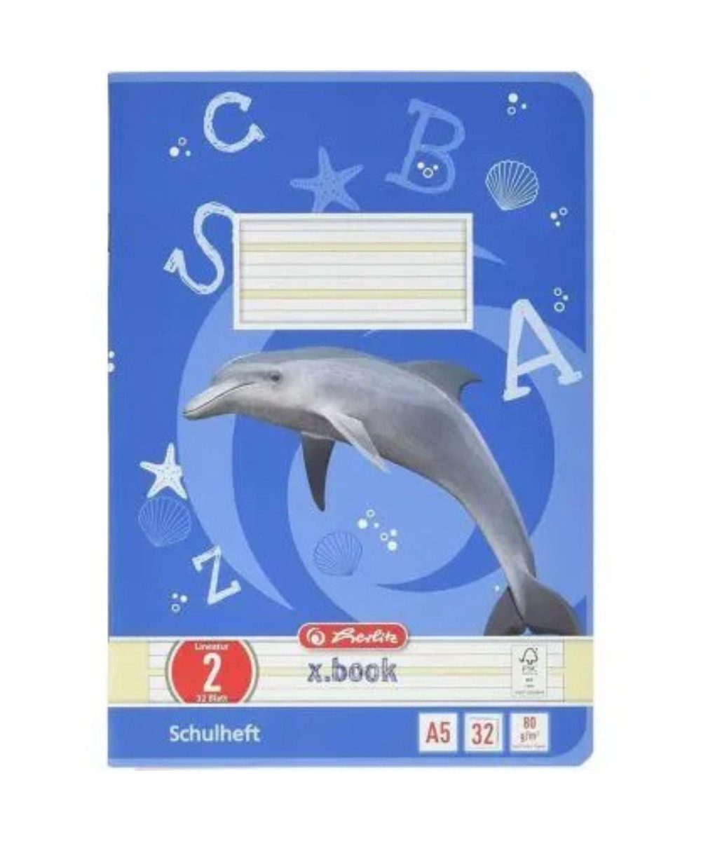 Herlitz Schulheft Schulheft Delfin Herlitz x-book, A5 liniert, Lineatur 2, holzfreies, CO2-reduziertes 80 g/m² Papier32 Blatt