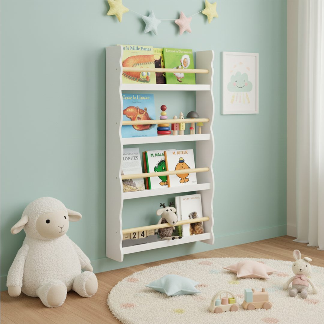 Bellabino Kinderregal Tista Bücherwandregal aus Holz, weiß, Spielzeugaufbewahrung, Bücherregal Kinder, Regal mit 4 Fächern für Bücher & Spielzeug