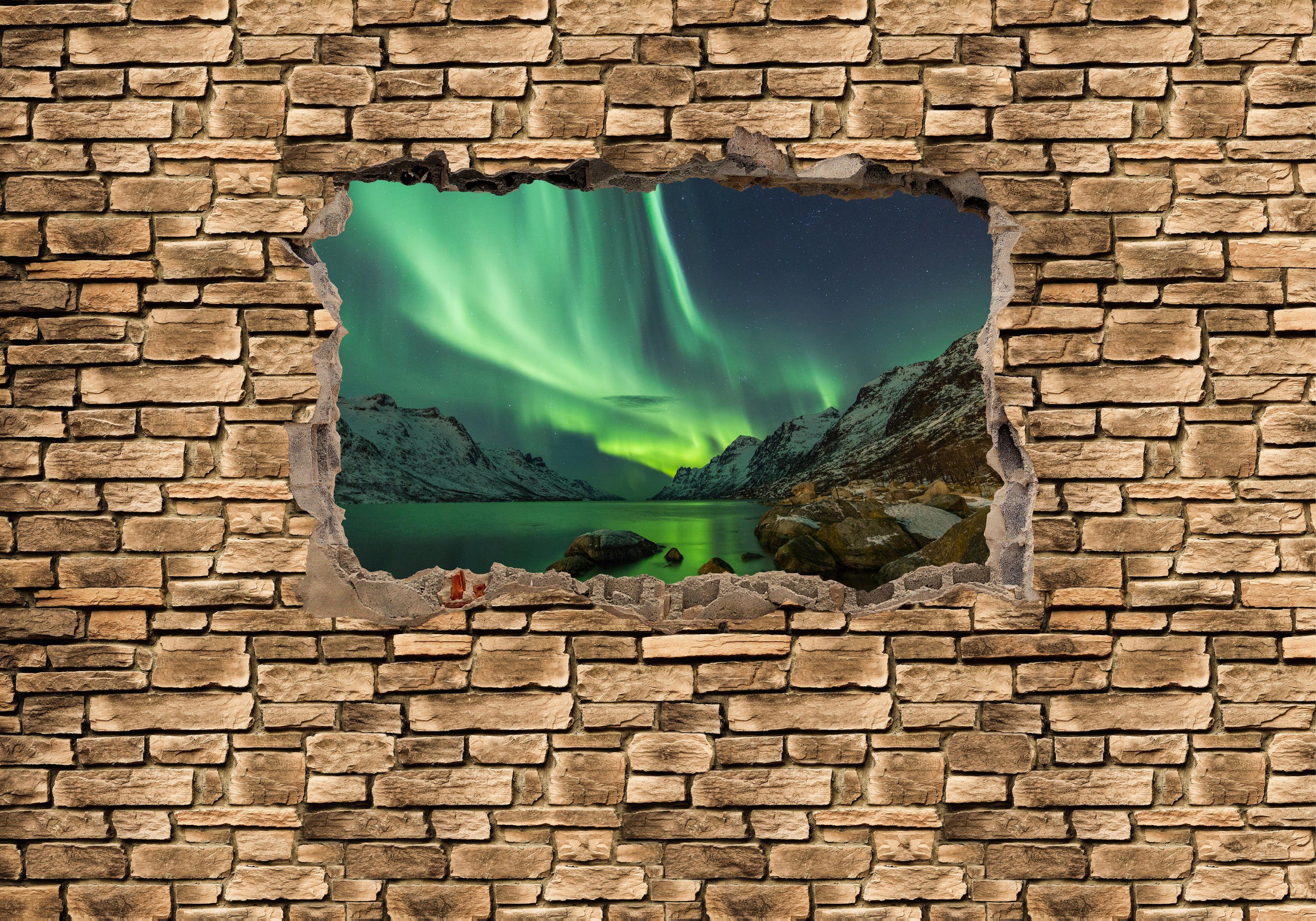 wandmotiv24 Fototapete 3D Optik - Aurora Borealis Tromsö - Steinmauer, glatt, Wandtapete, Motivtapete, matt, Vliestapete