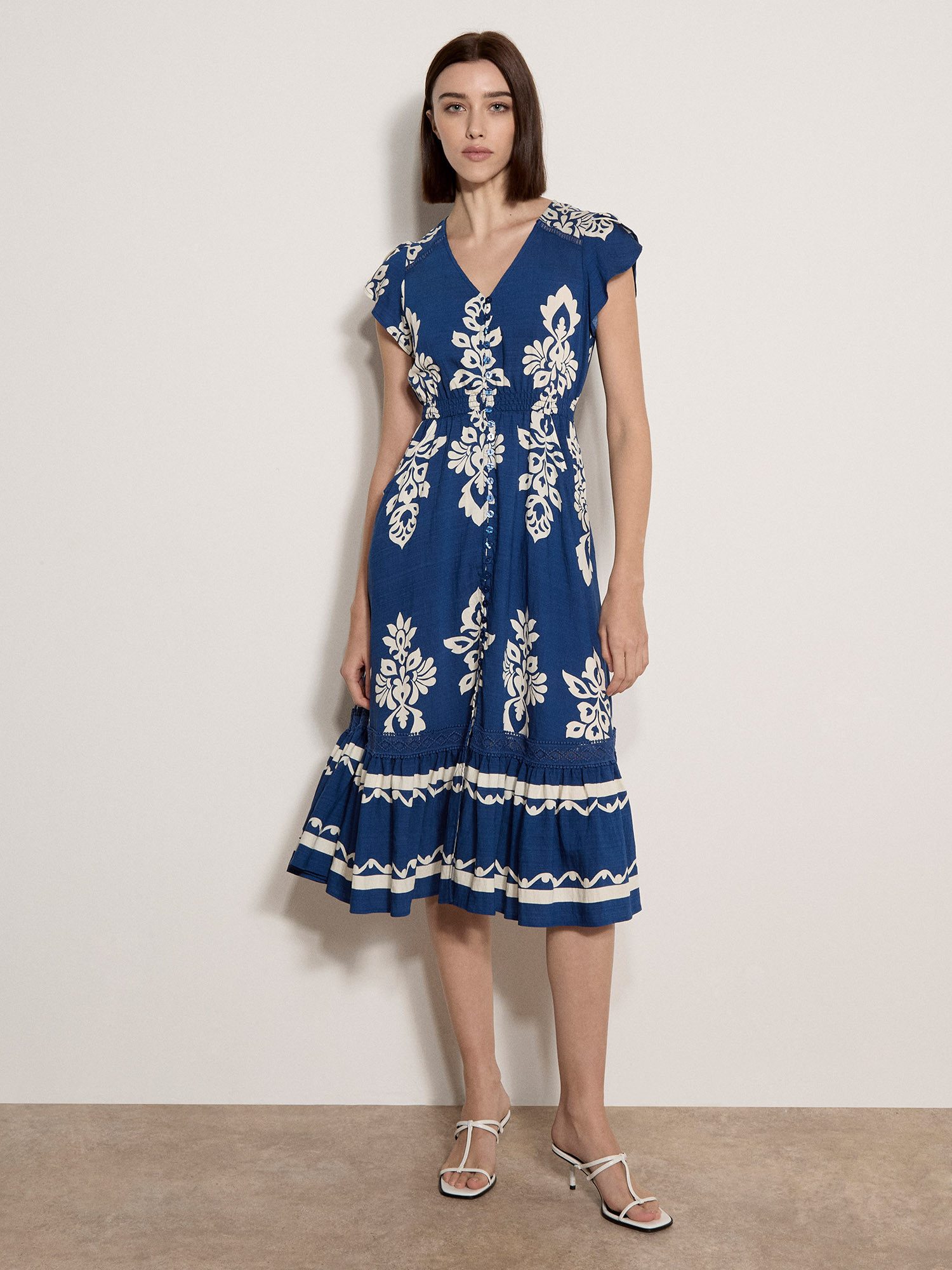Apricot A-Linien-Kleid Midi-Kleid mit Folk-Blumenmuster mit Stickerei