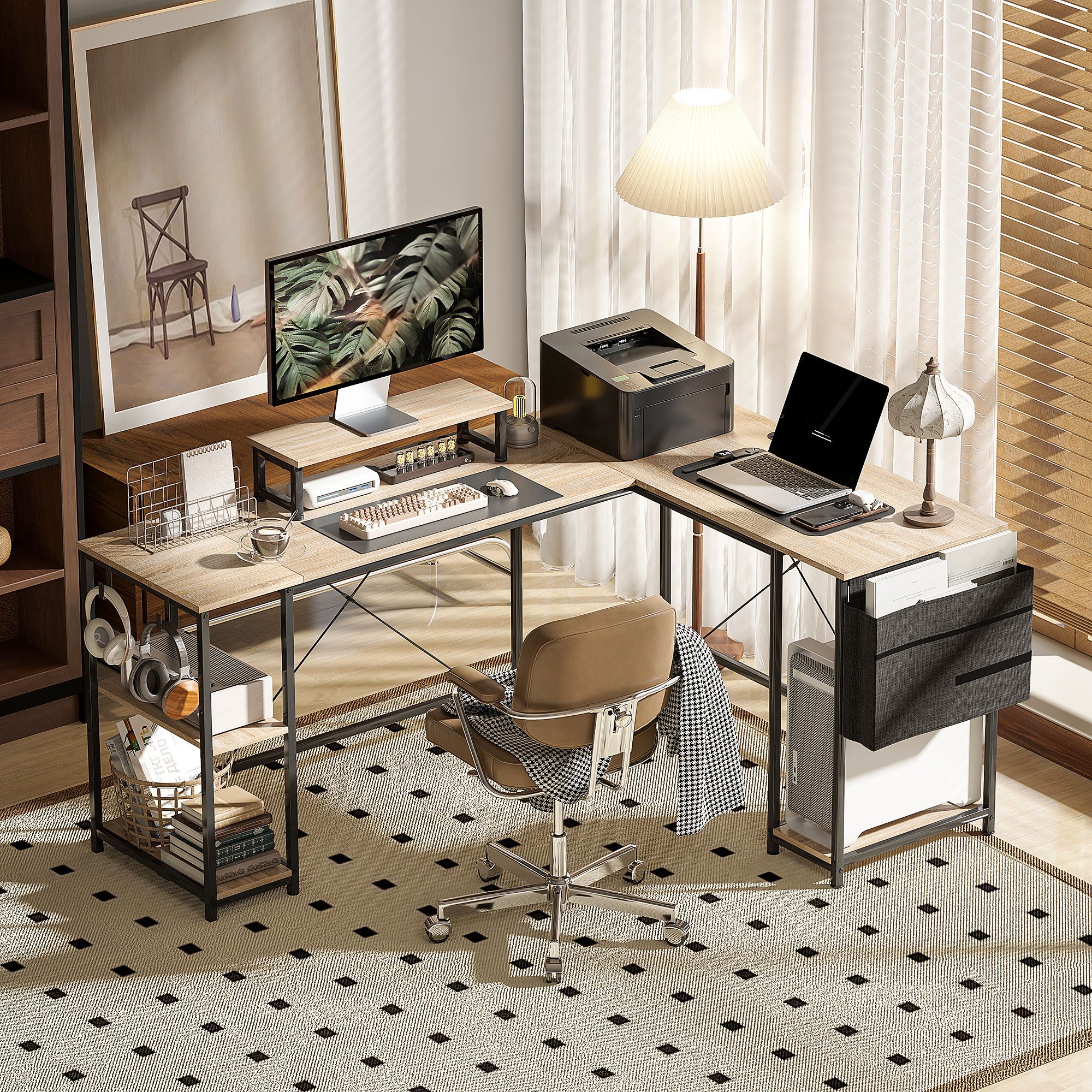 HOMCOM Schreibtisch Schreibtisch L Form mit Regal, Eckschreibtisch mit 2 Haken (Set, 1-St., 1 Tisch), L-förmig oder lang, Monitorständer, Kabelmanagement