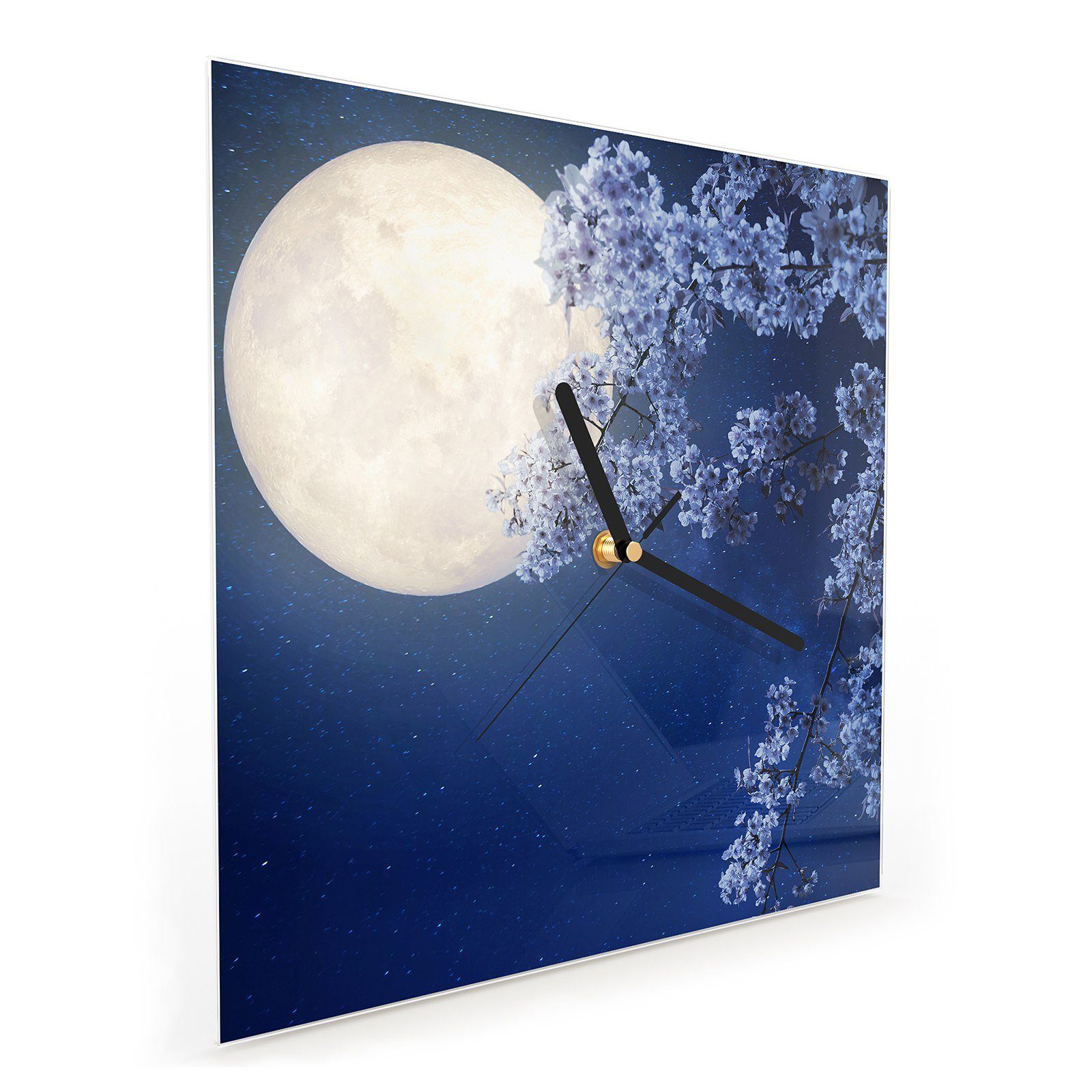 Glasuhr Wandkunst Mondlicht cm Wanduhr Primedeco Blütenbaum Wanduhr 30 x im Motiv Größe 30 mit