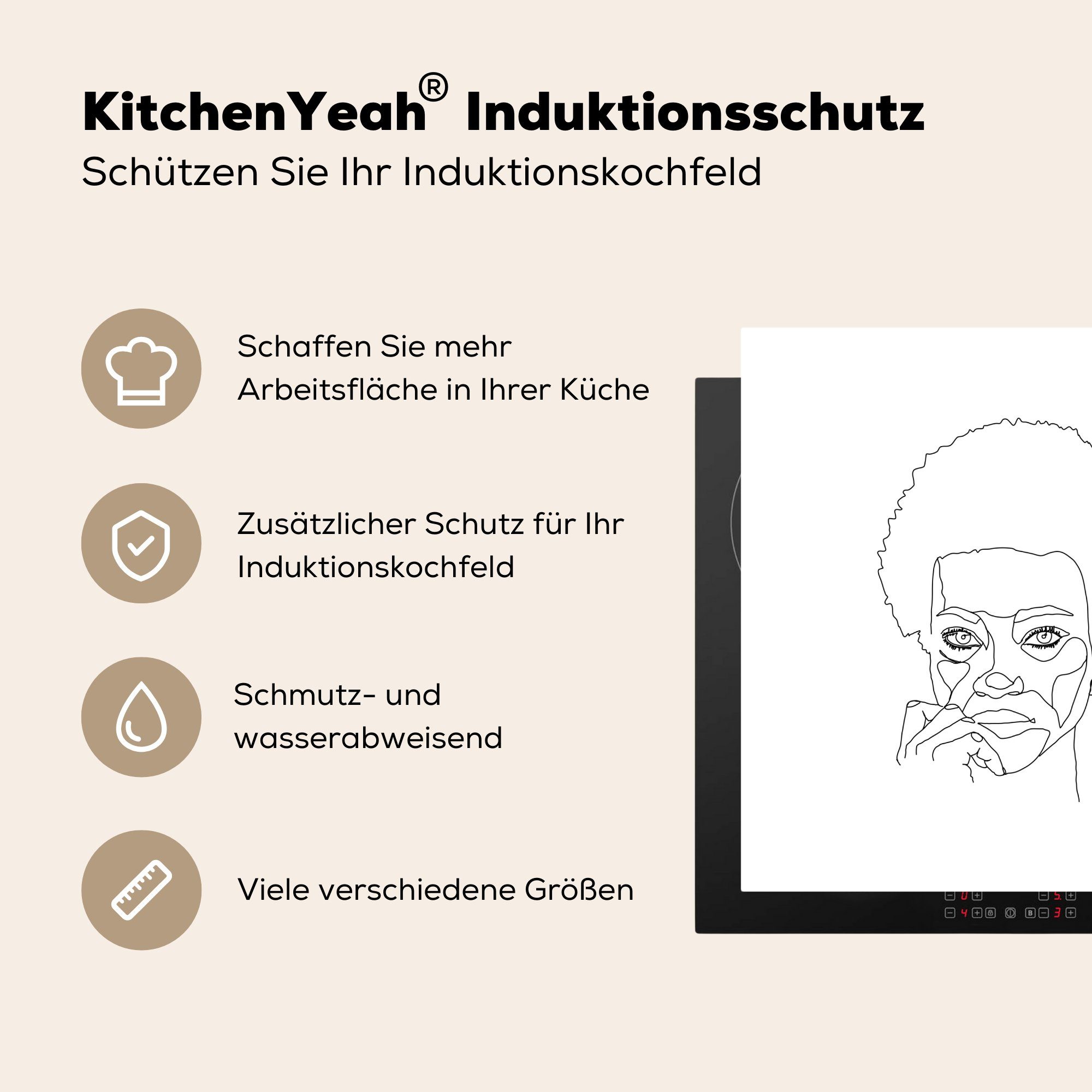 Schwarz MuchoWow - (1 für - cm, Weiß küche Ceranfeldabdeckung, Frau Herdblende-/Abdeckplatte Arbeitsplatte Vinyl, Strichzeichnung, 78x78 - tlg),