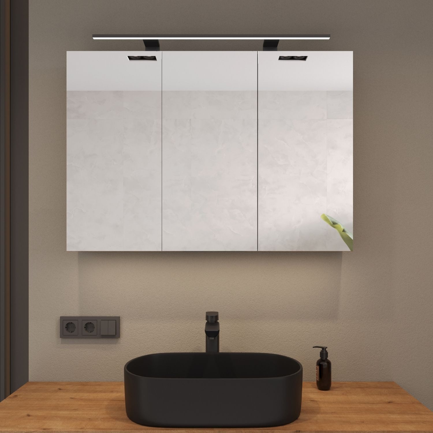 Planetmöbel Spiegelschrank ARIA Badschrank mit Spiegel hängend 120 cm (Spiegelschrank Bad 120 cm mit Beleuchtung und Steckdose, Badspiegelschrank 3-türig) Steckdose für Elektrogeräte