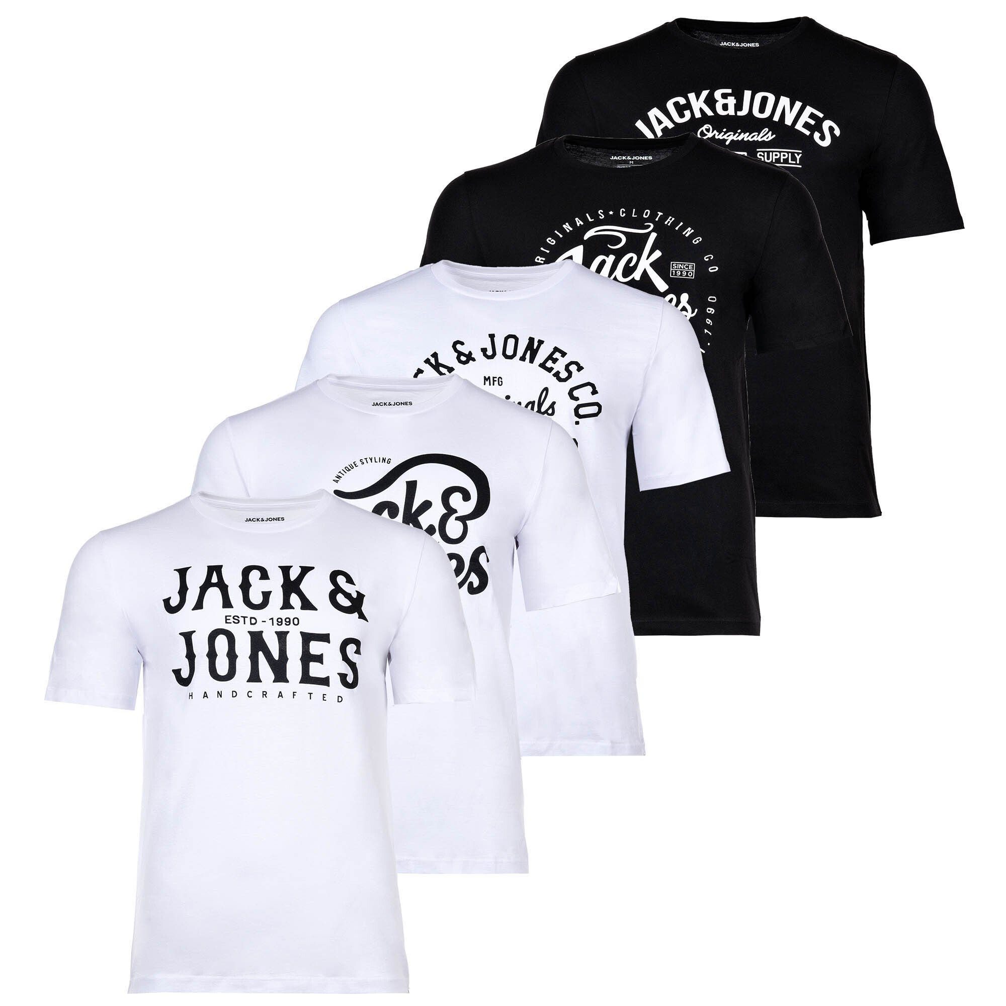 Jack & Jones T-Shirt Herren T-Shirt, 5er Pack - JJLEOGRA TEE CREW NECK Weiß/Schwarz
