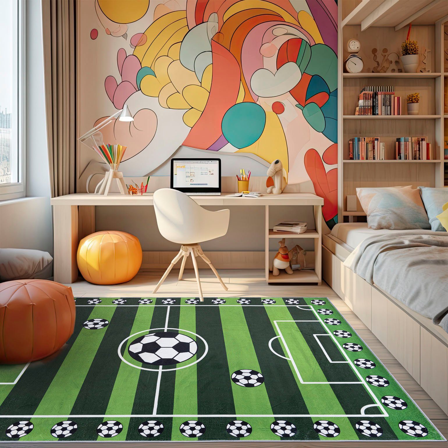Mazovia Kinderteppich Kinderteppich Spiel Fußballteppich Teppich Kinderzimmerteppich Grün, 80 x 150 cm, Fußbodenheizung, Allergiker geeignet, Rutschfest