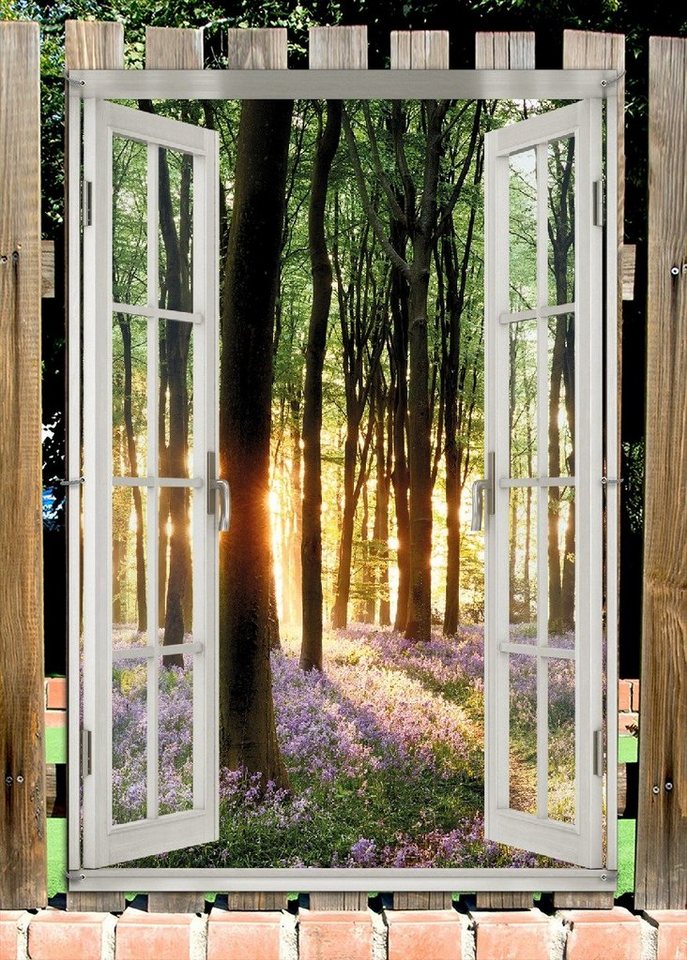 Thumbnail - Wallario Sichtschutzzaunmatten Blaue Hasenglöckchen im Wald mit Sonnenstrahlen, mit Fenster-Illusion