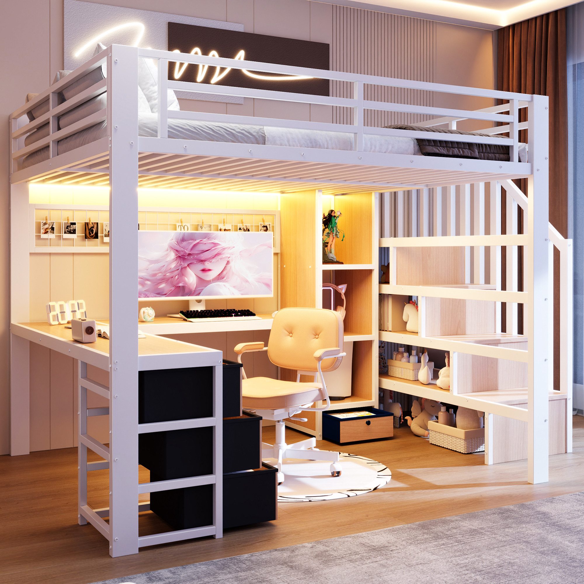 REDOM Hochbett Jugendbett mit Eisenrahmen, Ablagefach, 4 Schubladen (LED-Lichtleiste, Schreibtisch und Stauraumtreppe, Funktionsbett Metallbett, 140 x 200 cm) ohne Matratze