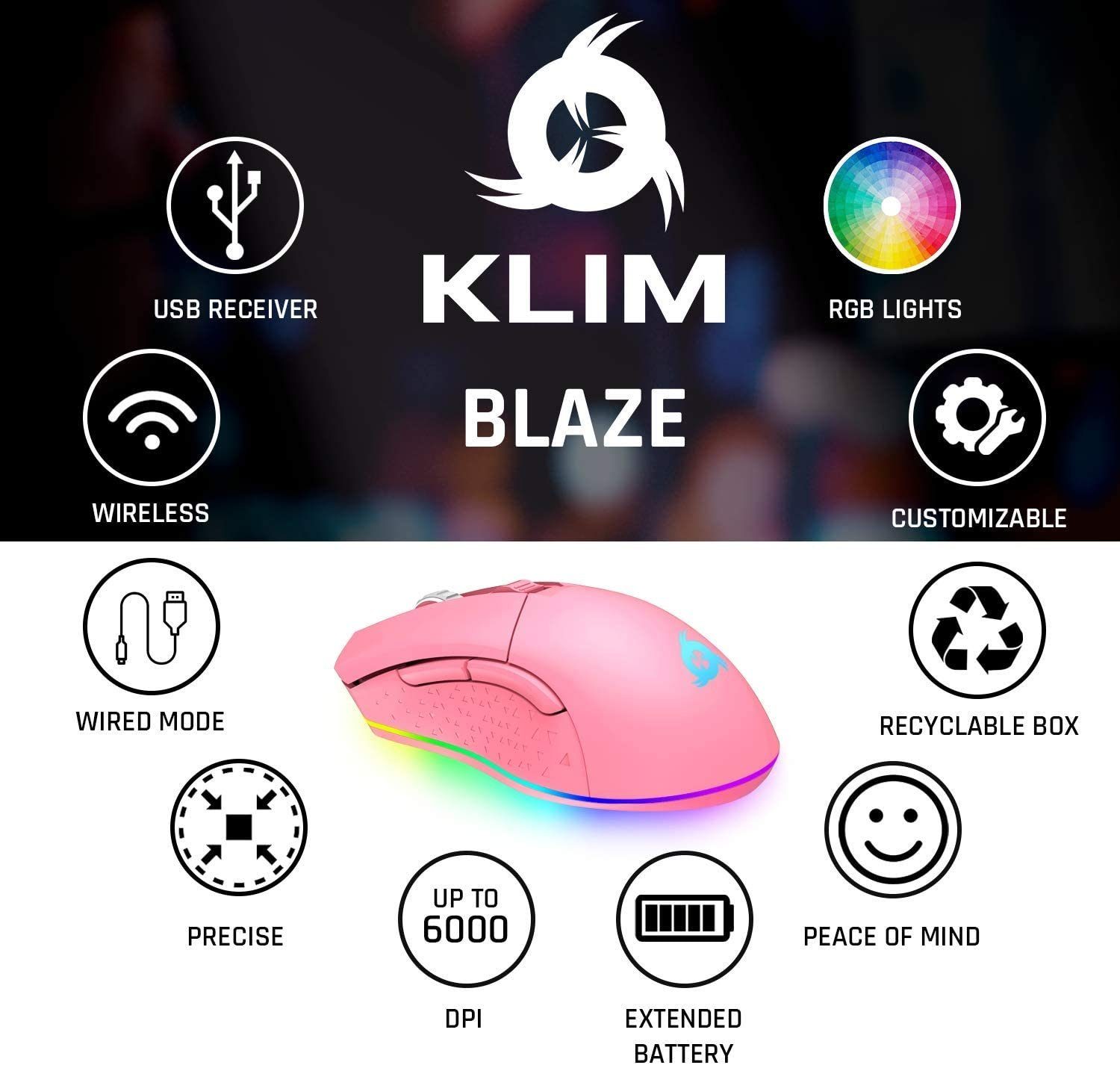ergonomisch Hände, Blaze Black wiederaufladbar) DPI-Anpassung Gaming-Maus beide (Funk, KLIM wireless  mit für Gaming-Maus, hochleistungs Pink