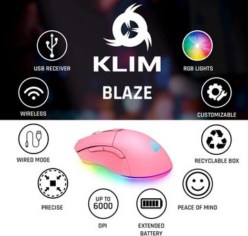 KLIM Blaze Black wireless hochleistungs Gaming-Maus,  mit DPI-Anpassung Gaming-Maus (Funk, ergonomisch für beide Hände, wiederaufladbar)