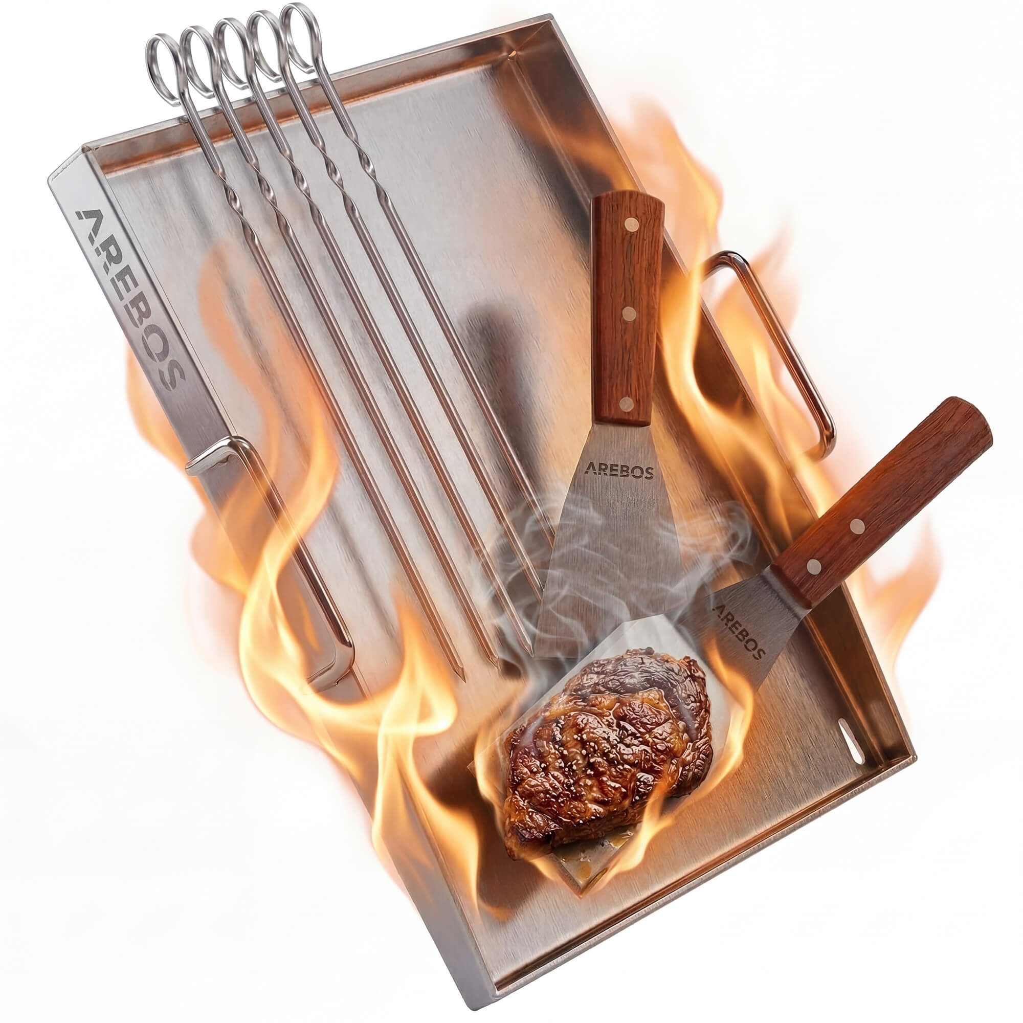 Arebos Grillplatte Edelstahle Grillplatte 40x30 cm Plancha für Gas & BBQ (Set), Fettablauf, versiegelte Kanten, inkl. Zubehör, vielseitig einsetzbar
