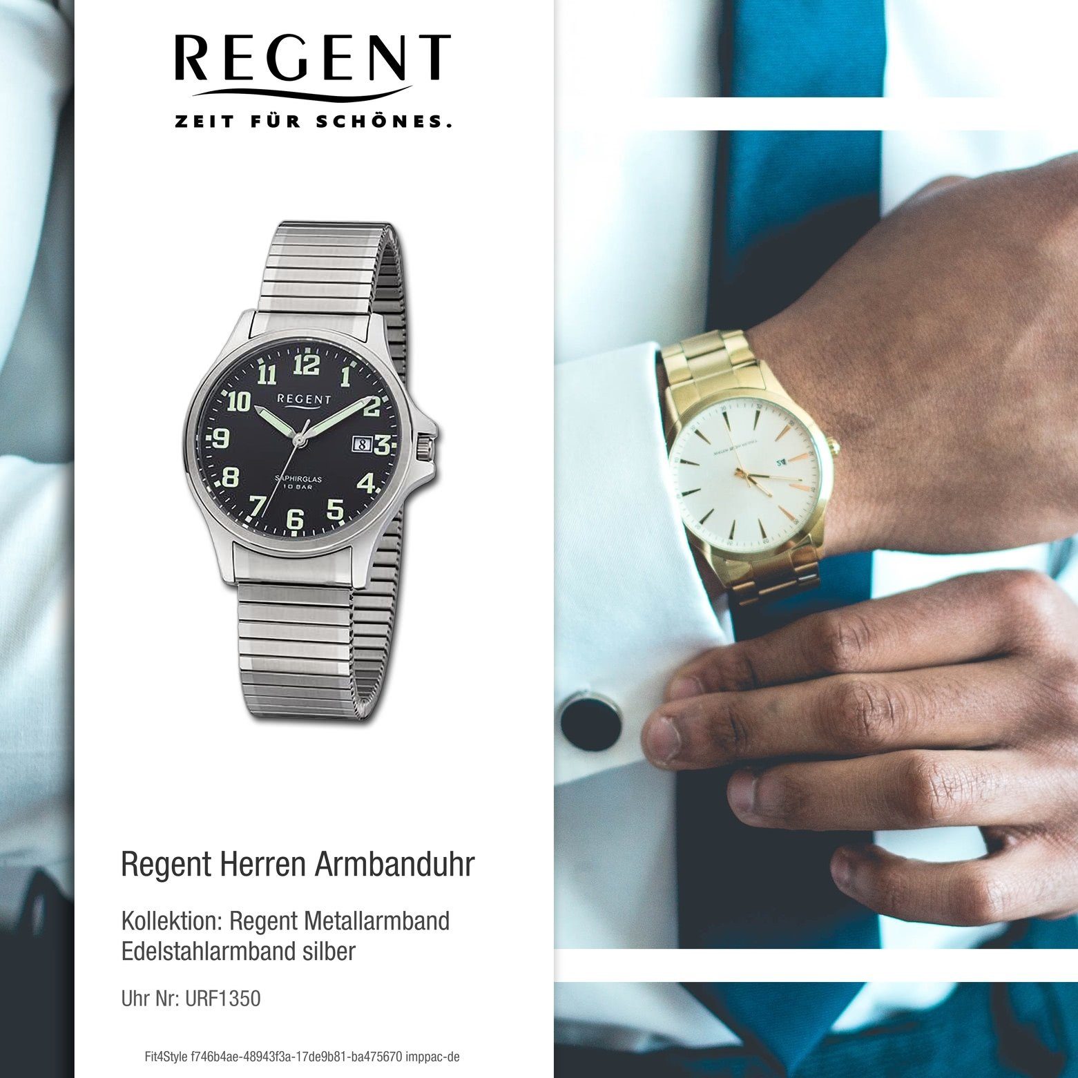 Edelstahlarmband Armbanduhr Regent (ca. 36mm), rund, silber, Quarzuhr groß Regent Herren Analog, Armbanduhr schwarz Herren extra