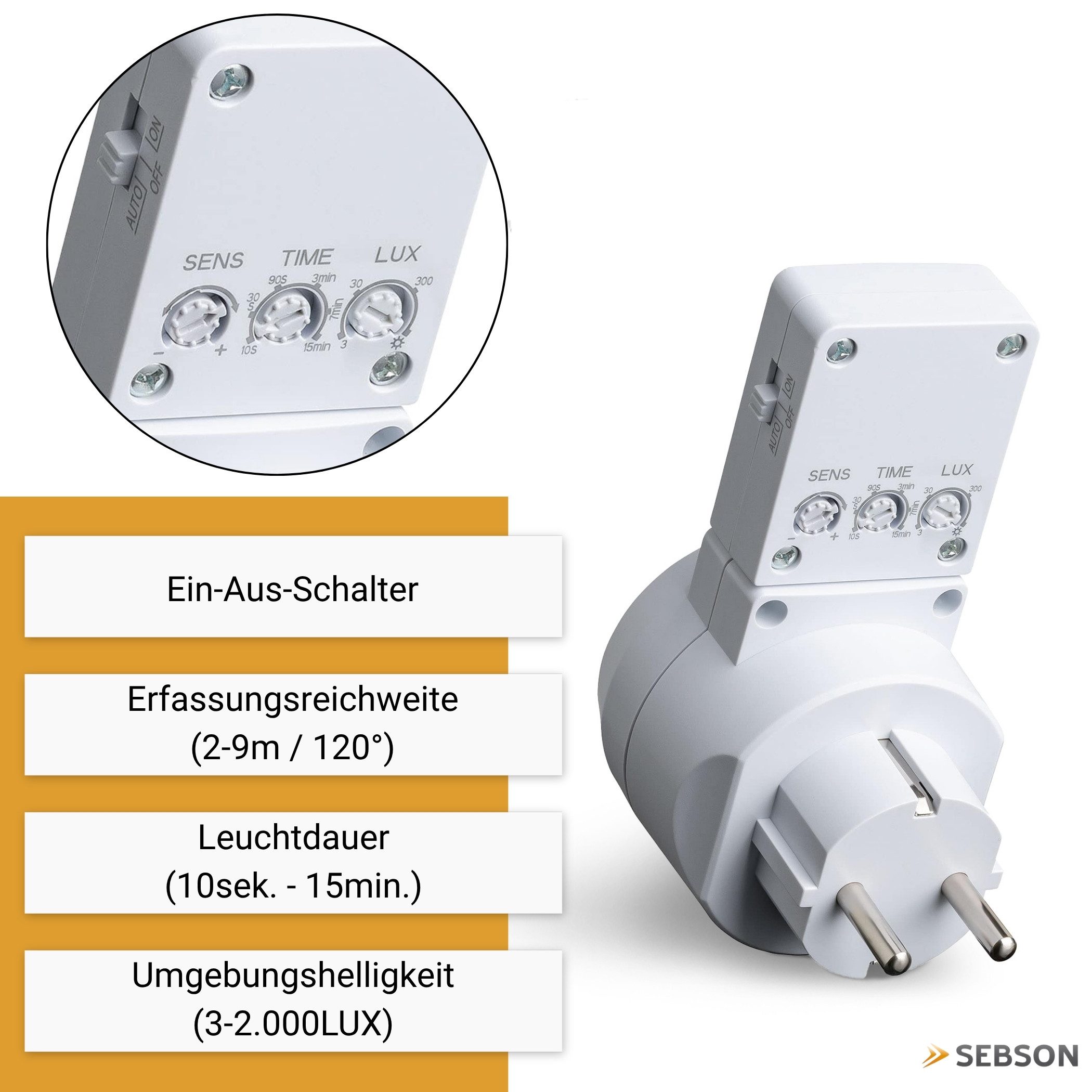 SEBSON Bewegungsmelder Zwischenstecker Bewegungsmelder - Schuko Stecker 230V programmierbar, (1-St), Schwenkbar, max. 1000W LED geeignet, Steckdosen-Adapter – Bild 4 von 5
