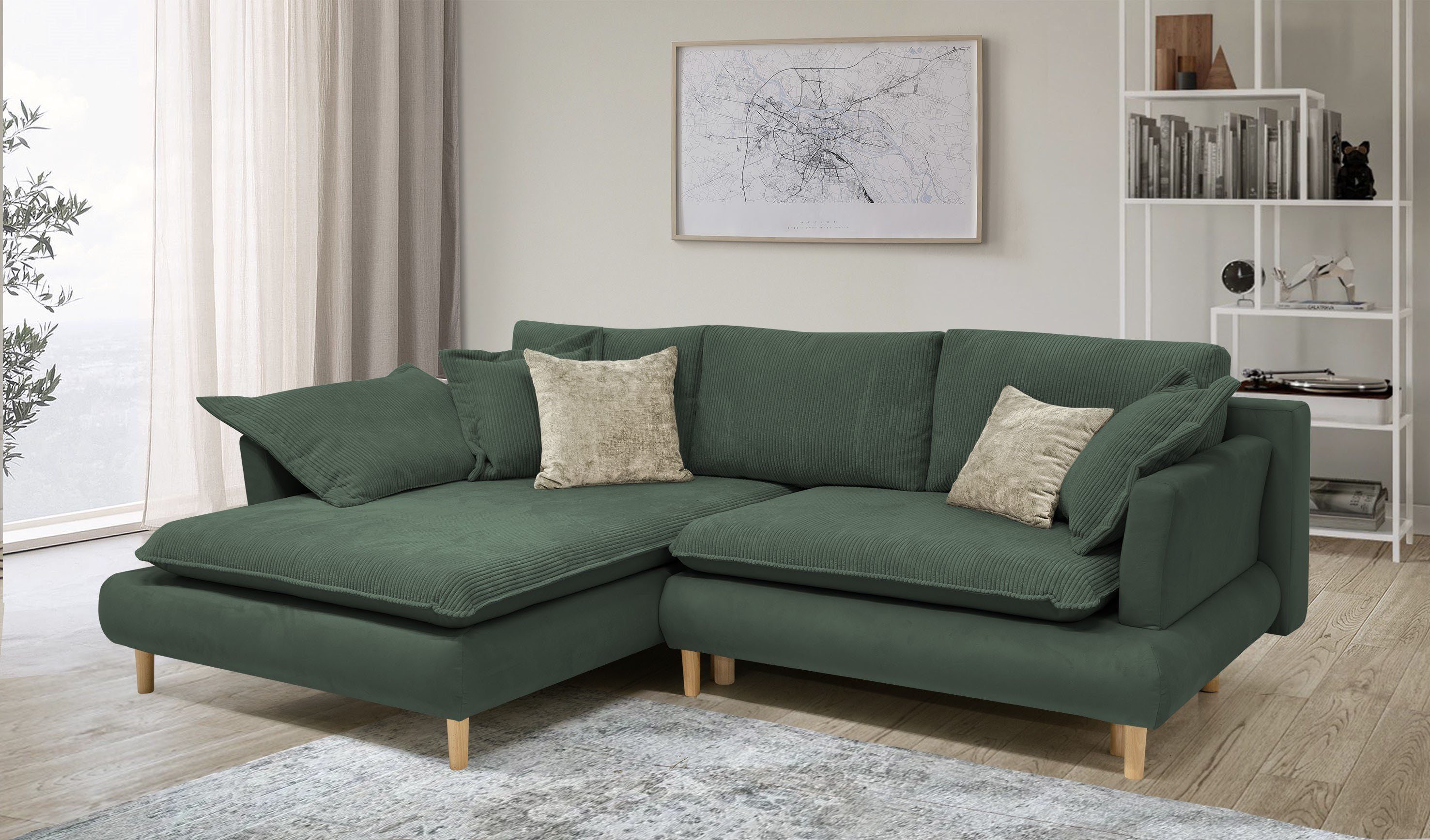COLLECTION AB Ecksofa Mandela L-Form, B: 264 cm, Schlaffunktion, Bettkasten & 5 Zierkissen, Federkern