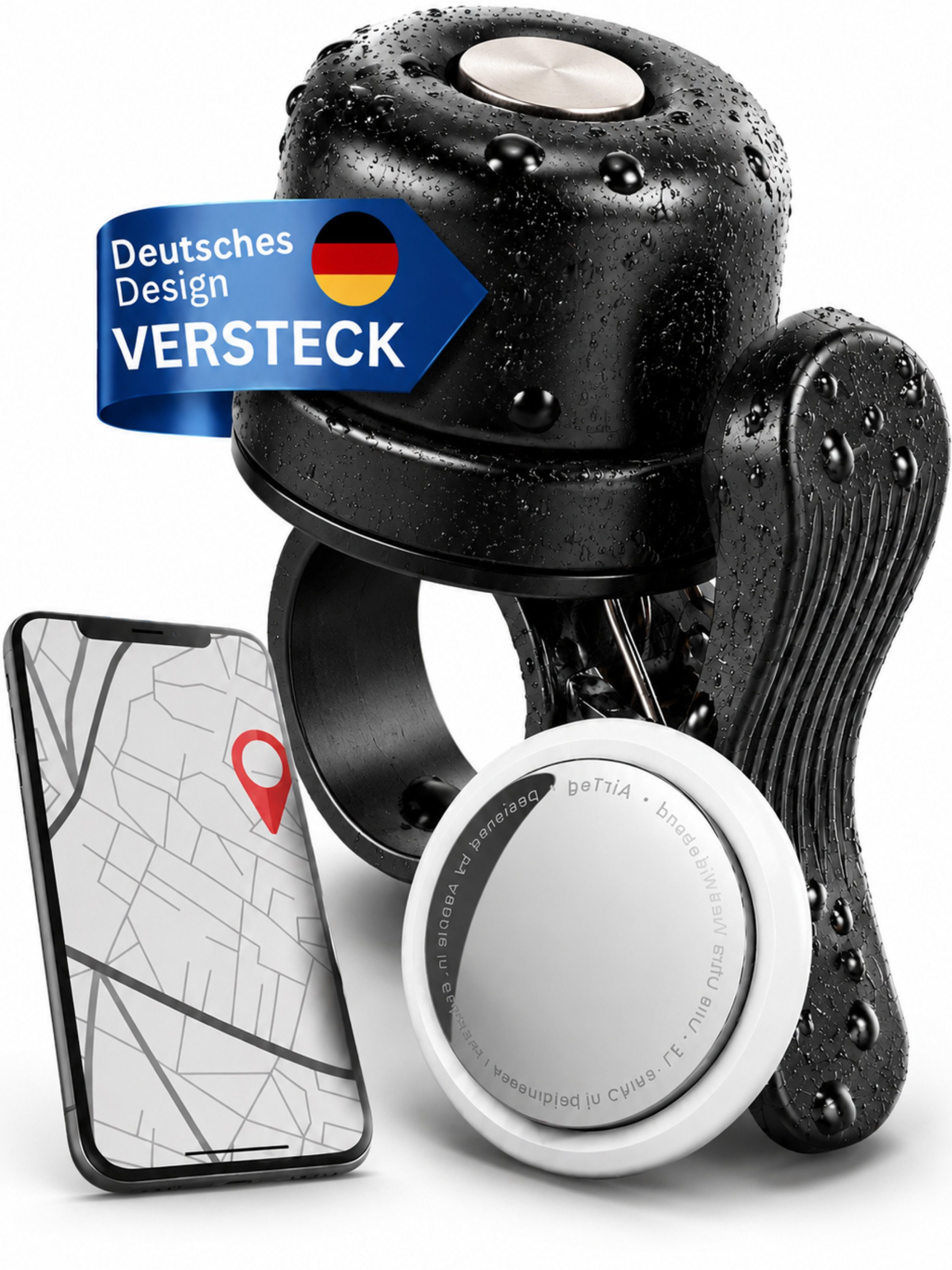 RUHE Fahrradklingel Fahrradklingel Für Apple AirTag und Android Tag versteck, (22mm ø, einfache Montage) AirTag Halterung In Klingel Versteckt, Fahrrad Diebstahlsicherung