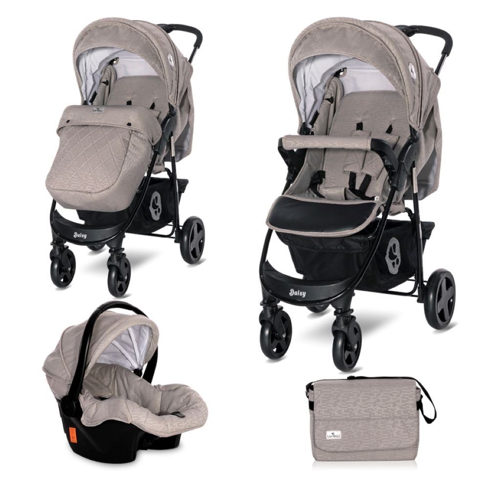 Lorelli Kombi-Kinderwagen Kinderwagen Daisy Basic 2 in 1, Babyschale Wickeltasche Fußabdeckung Korb beige