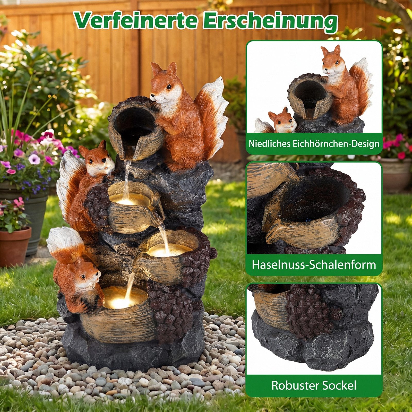 COSTWAY Zimmerbrunnen, Mit LED Beleuchtung, Steinoptik & Eichhörnchen-Motiv