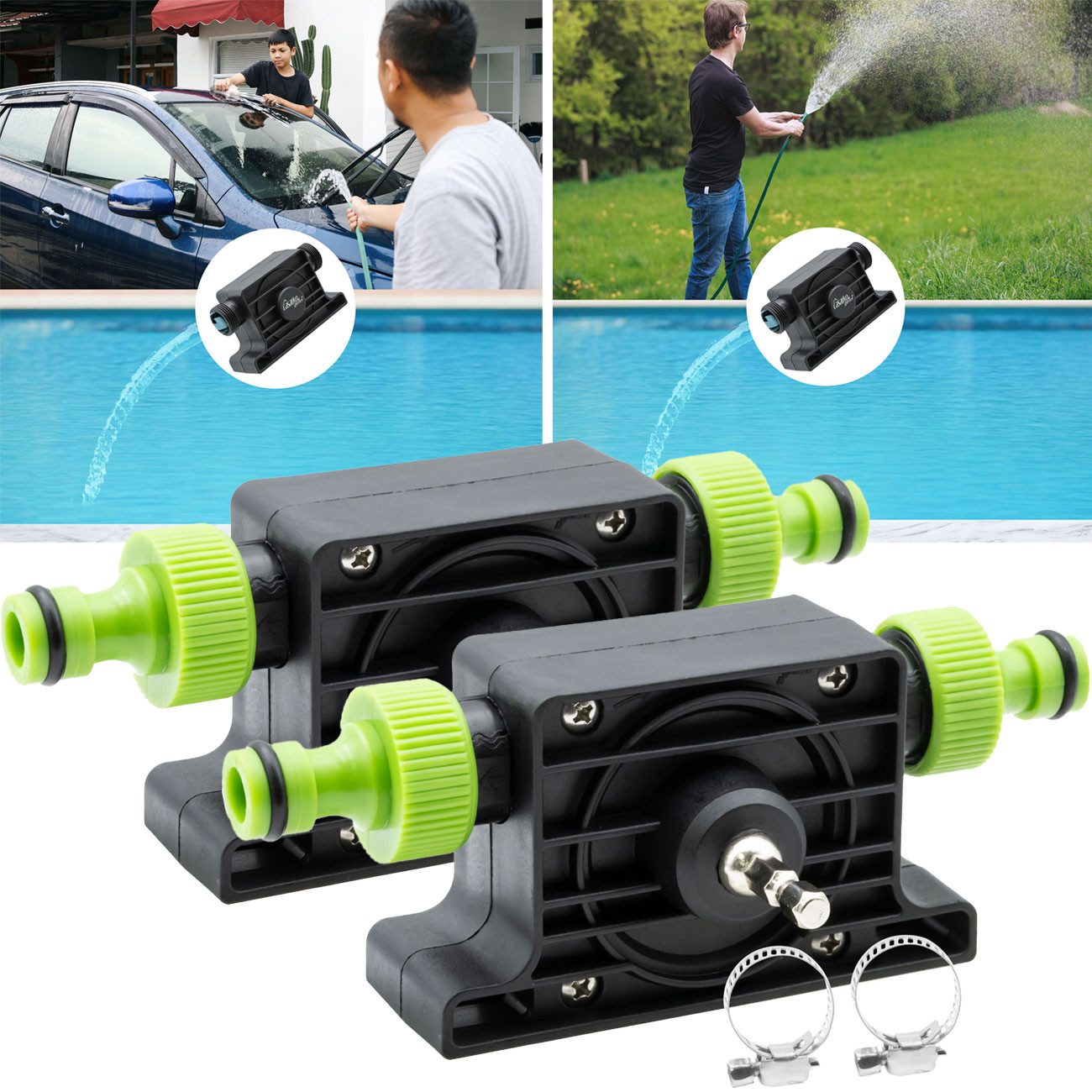 Casativo Wasserpumpe Bohrmaschinenpumpe 1200L/h, inkl. Klick-Adaptern & Schellen (2-tlg), Ideal fürs Camping und zum Befüllen von Pools