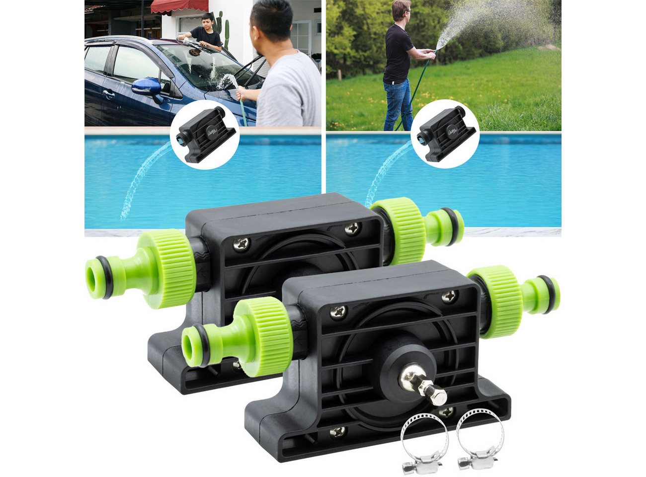 Casativo Wasserpumpe Bohrmaschinenpumpe 1200L/h, inkl. Klick-Adaptern & Schellen (2-tlg), Ideal fürs Camping und zum Befüllen von Pools
