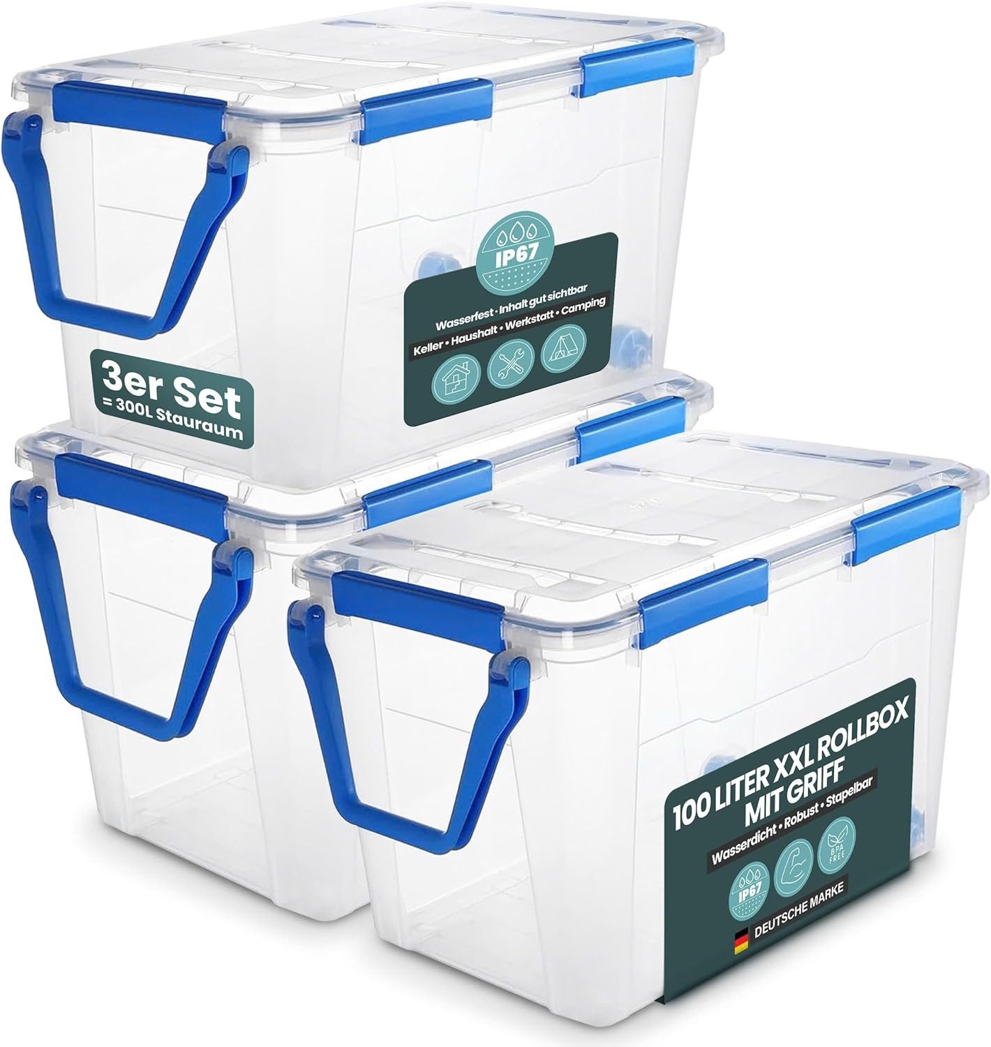 Kreher Aufbewahrungsbox mit Deckel und Dichtungsring (IP67) 100 Liter, rollbar (Set wählbar) (3 St)