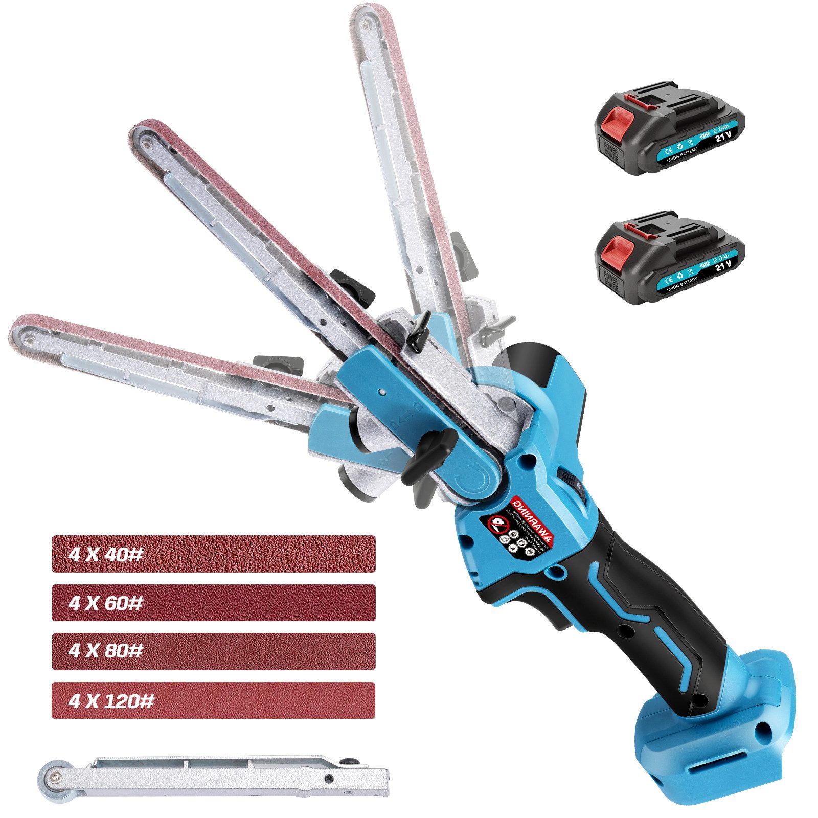 XERSEK Akku-Bandschleifer Mini Bürstenloser Schleifer mit 2 Akku 9-13-mm 100° Schleifarms 6-fach, 630 m/min, Fein & Grob Werkzeugfreie Bandwechsel, kompatibel mit Makita 18V