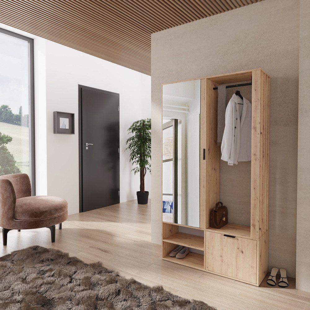 Lomadox Garderobe MINSTER-161, 100 cm breit in Eiche mit Spiegel, Schuhschrank, Kleiderstange, Klappe
