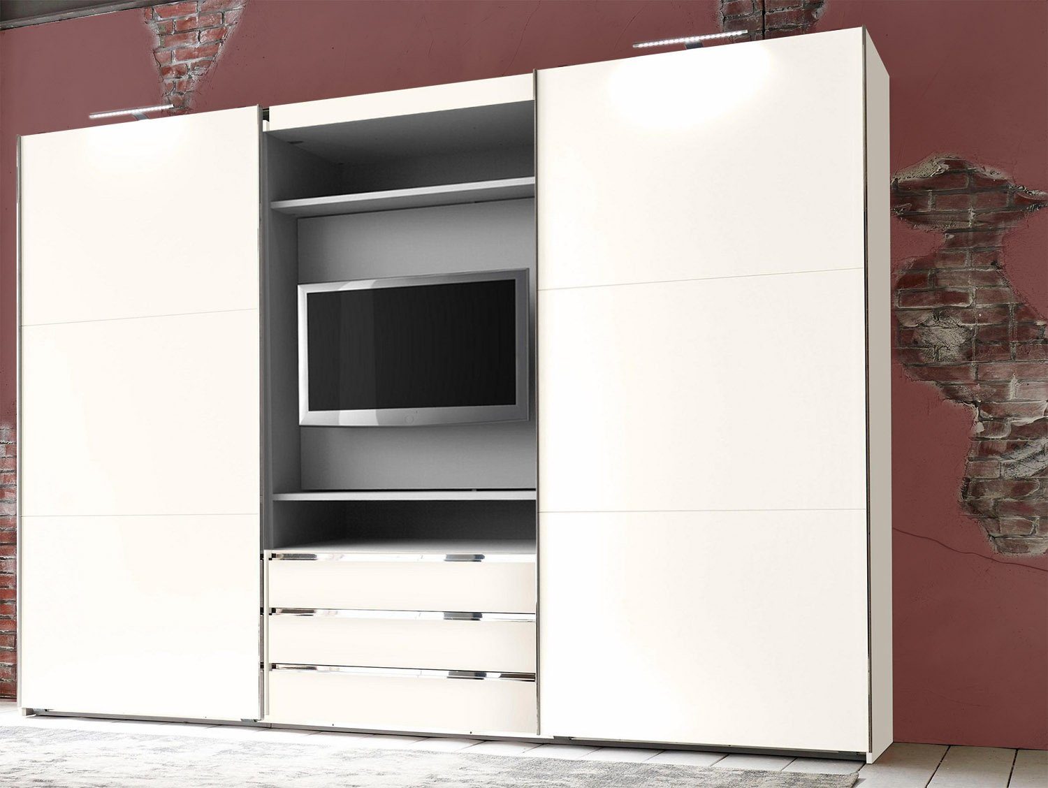Wimex Schwebetürenschrank Magie (2 Türen, 5 Böden, 3 Schubladen, 2 Kleiderstangen, 1 TV Element, 1-St., moderne Optik, mit drehbarem TV-Element, Griffleisten aus Metall) 300x65x216cm weiß