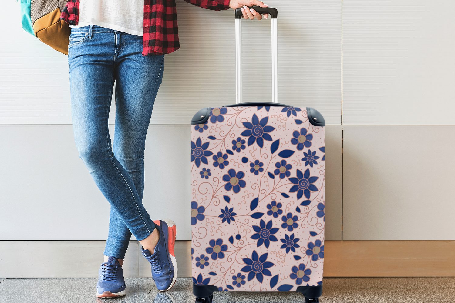 MuchoWow Handgepäckkoffer Blumen - Blau - Trolley, Rollen, - mit Handgepäck rollen, Muster, für Reisekoffer Ferien, 4 Reisetasche Japan