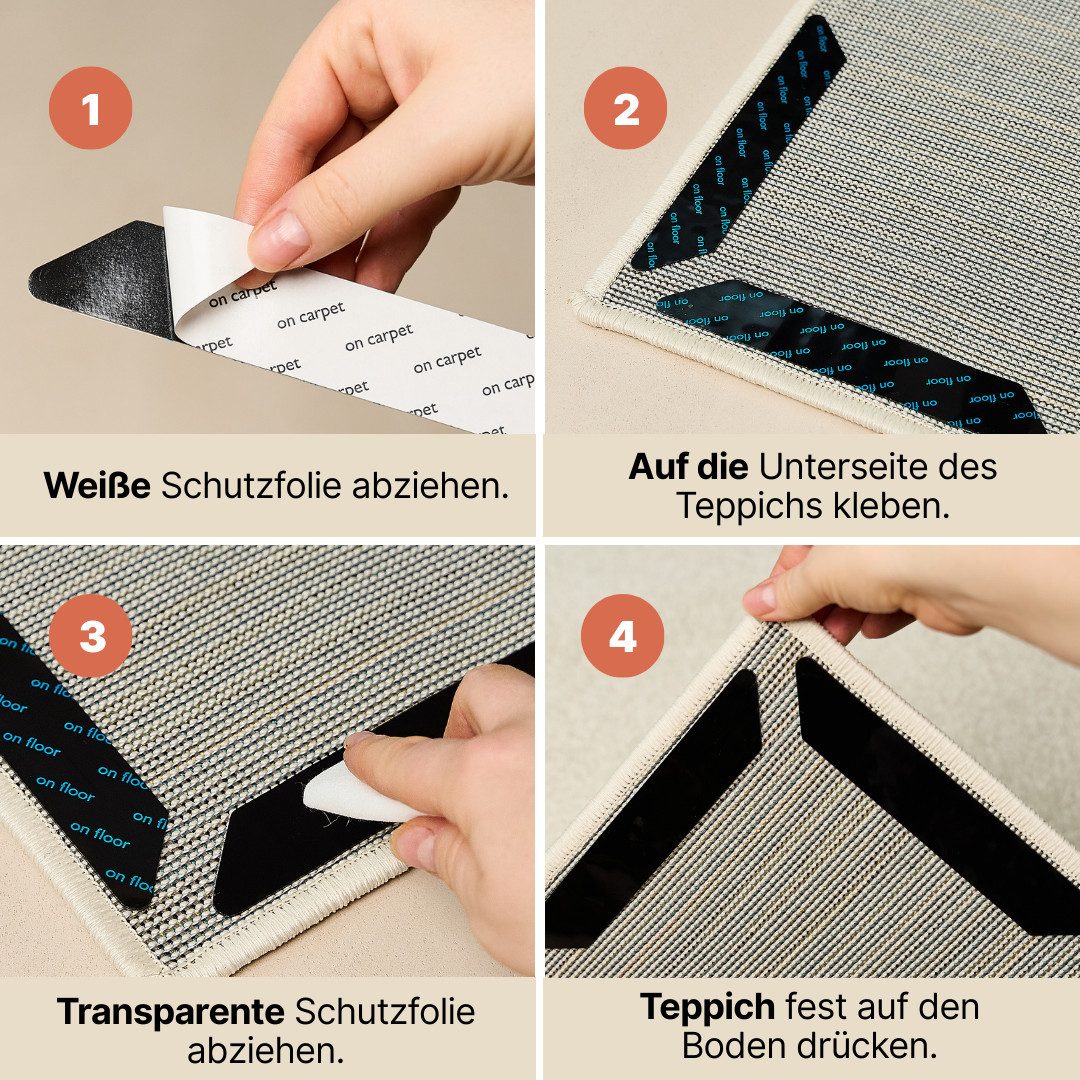 Tapiso Antirutsch Teppichunterlage 8-teiliges Set Teppich Greifer, (Set, 8-St., 8 x selbstklebender Antirutsch-Teppichgreifer (180x30mm), selbstklebend, rutschf – Bild 4 von 5