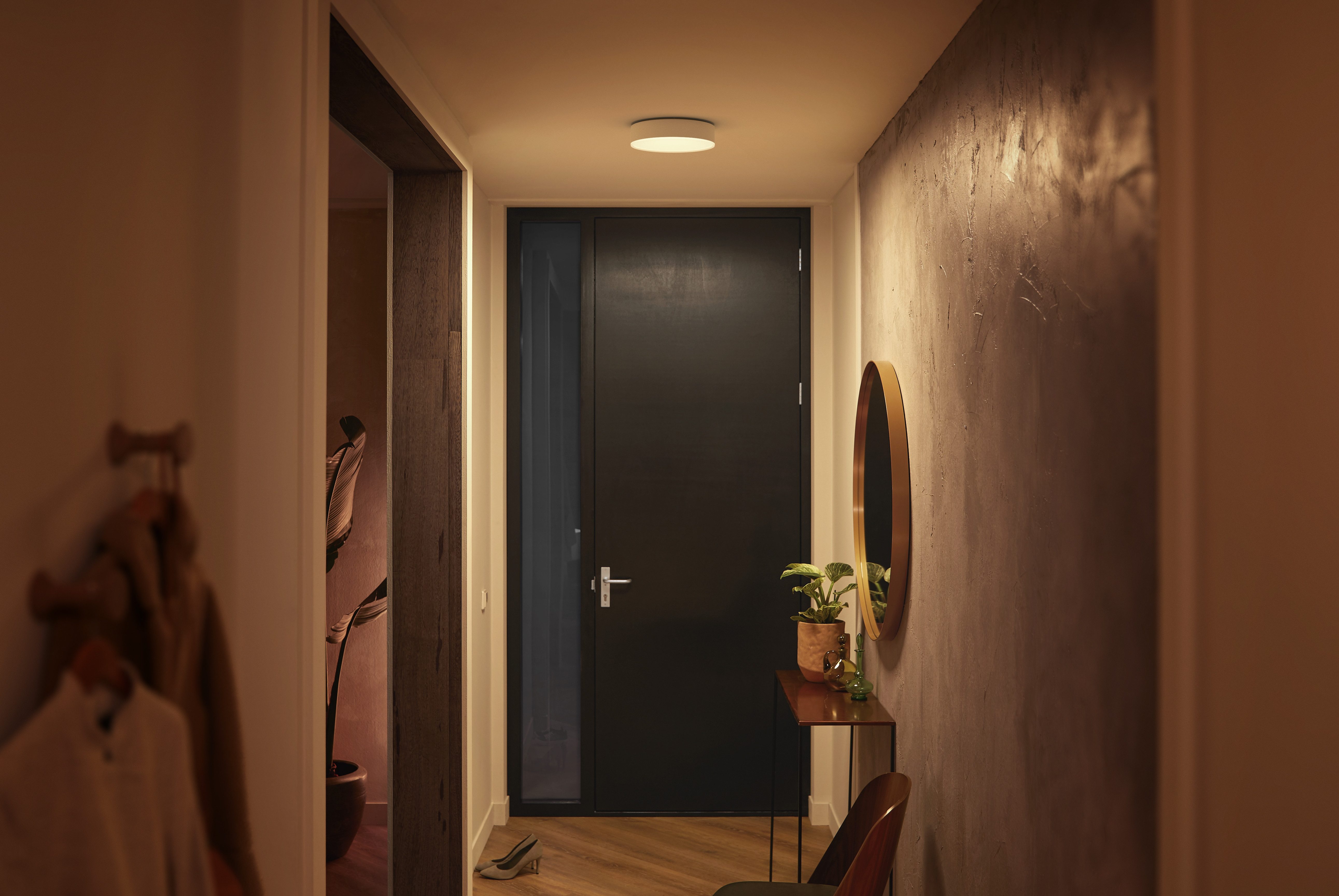 Philips Hue Smarte LED-Leuchte White Ambiance Enrave Deckenleuchte S schwarz, Abschaltautomatik, Bluetooth, CCT - über Fernbedienung, Dimmer, Dimmfunktion, Farbsteuerung, Fernbedienung, Infrarot inkl., Leuchtdauer einstellbar, Memoryfunktion, Nachtlichtfunktion, Smart Home, Timerfunktion, dimmbar über Fernbedienung, erweiterbar, mehrere Helligkeitsstufen, LED wechselbar, warmweiß - kaltweiß, inkl. Philips Hue Dimmschalter