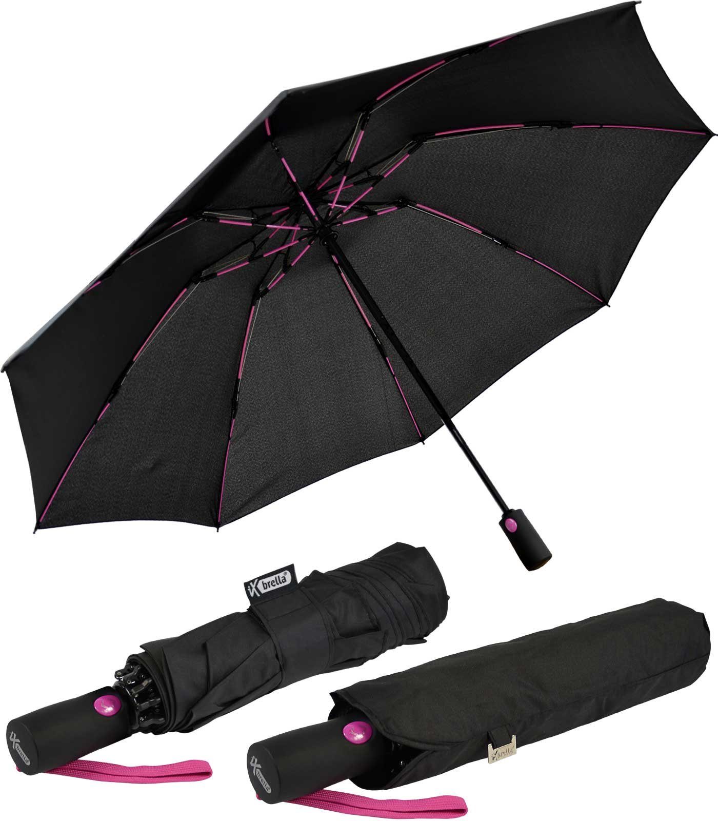 iX-brella Taschenregenschirm Reverse umgekehrt öffnender Fiberglas-Automatiksch, mit bunten stabilen Speichen schwarz-pink