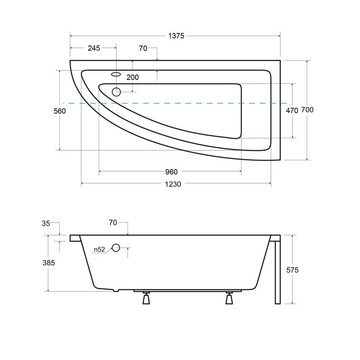 KOLMAN Badewanne Eckbadewanne Praktika 140x70, (Links/Rechts), Acrylschürze Styroporverkleidung, Ablauf VIEGA & Füße GRATIS