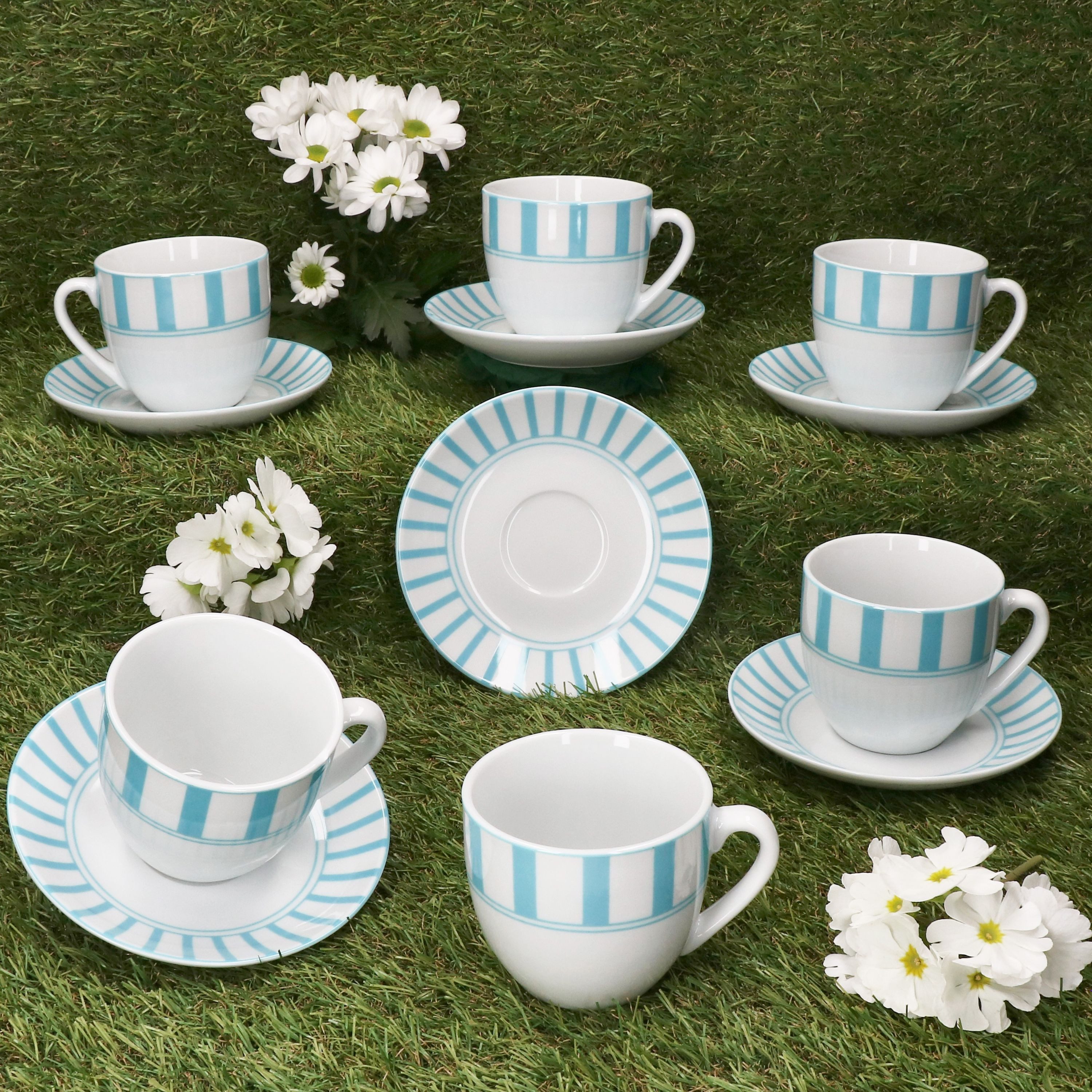 MamboCat Tasse Split türkis Kaffeetassen mit Untertassen für 6 Pers. Streifen Tee, Porzellan